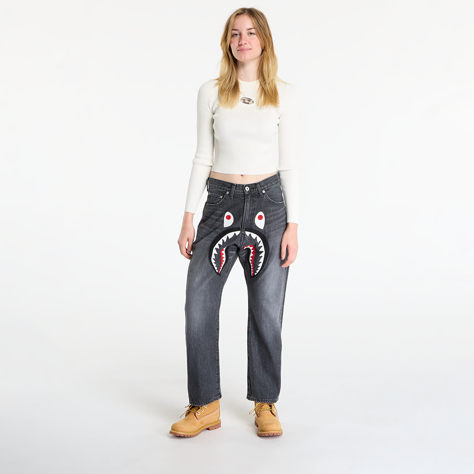 Calças de ganga para homem A BATHING APE Shark Loose Fit 13 Oz Denim Pants UNISEX Black