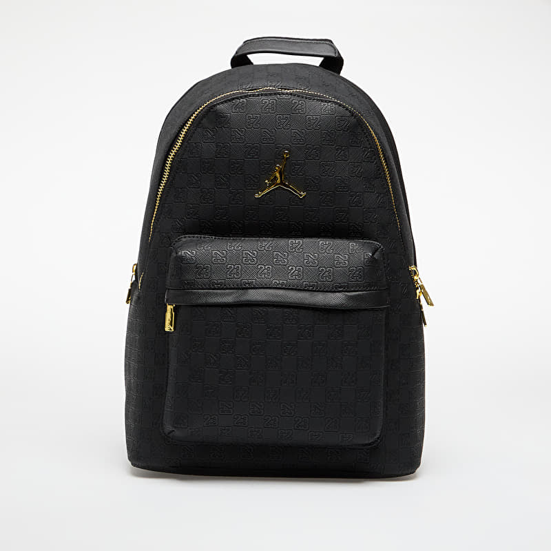black leather jordan backpack with gold plate on front Air 12 Retro Mens (Black/Gold) Toss items you need quick and easy access to in the front zip pocket Air Jordan Gold Logo Monogram
