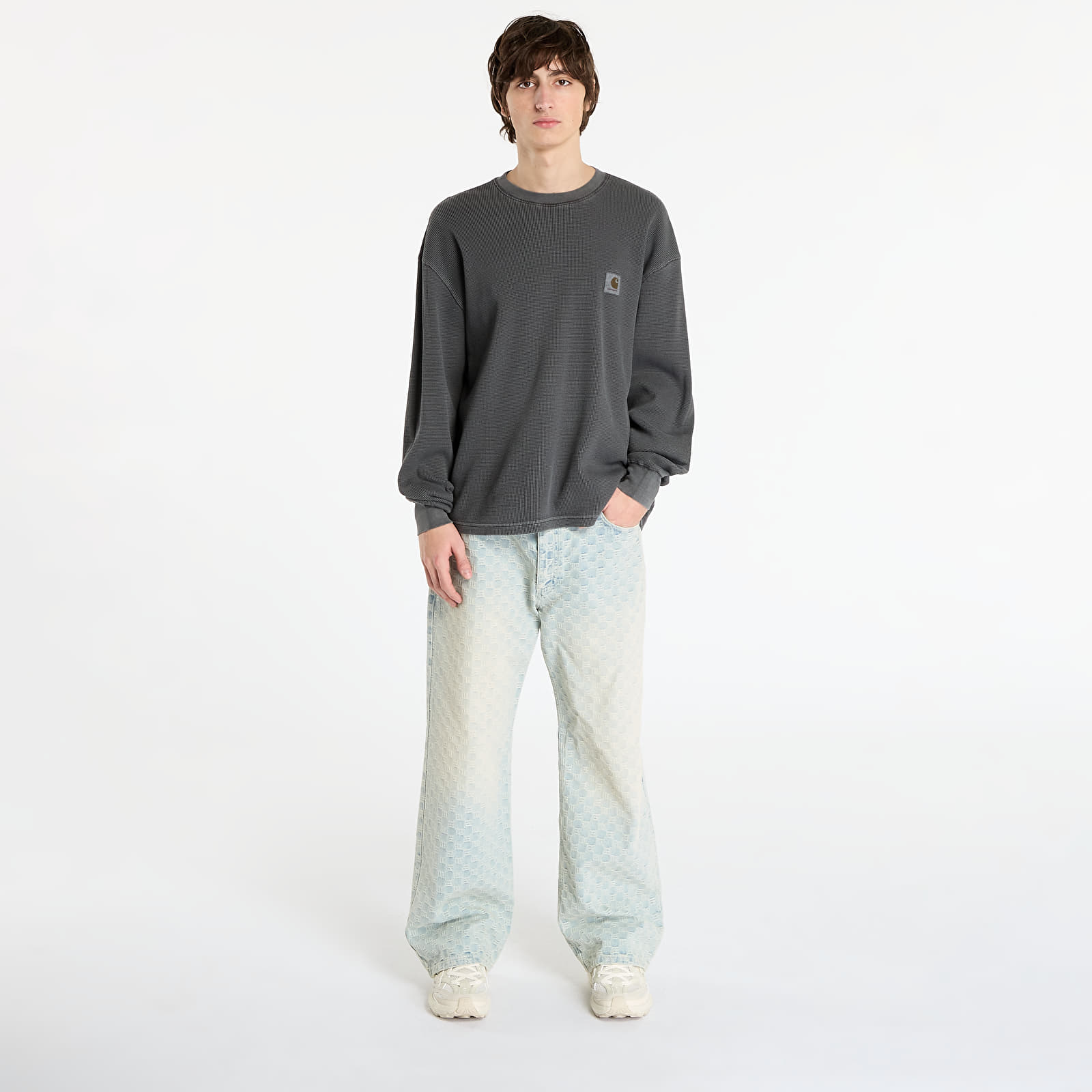 Muške majice kratkih rukava Carhartt WIP L/S Vista Waffle T-Shirt UNISEX Black Garment Dyed