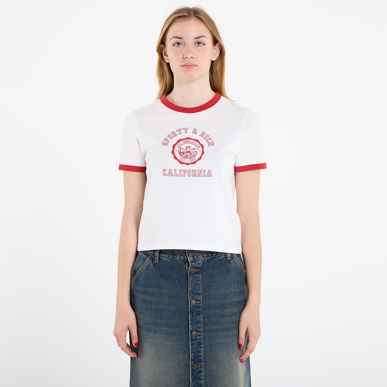 Tricou Sporty & Rich California Emblem Ringer Tee White/ Ruby XS