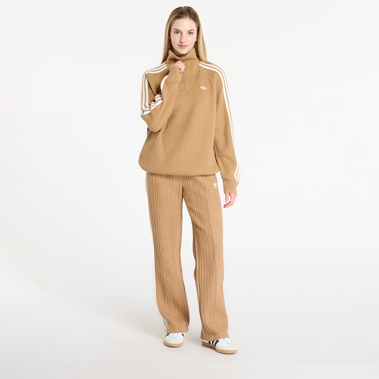 Pullover für Frauen adidas Funnel Neck Quarter Zip Sweatshirt Cardboard/ Off White