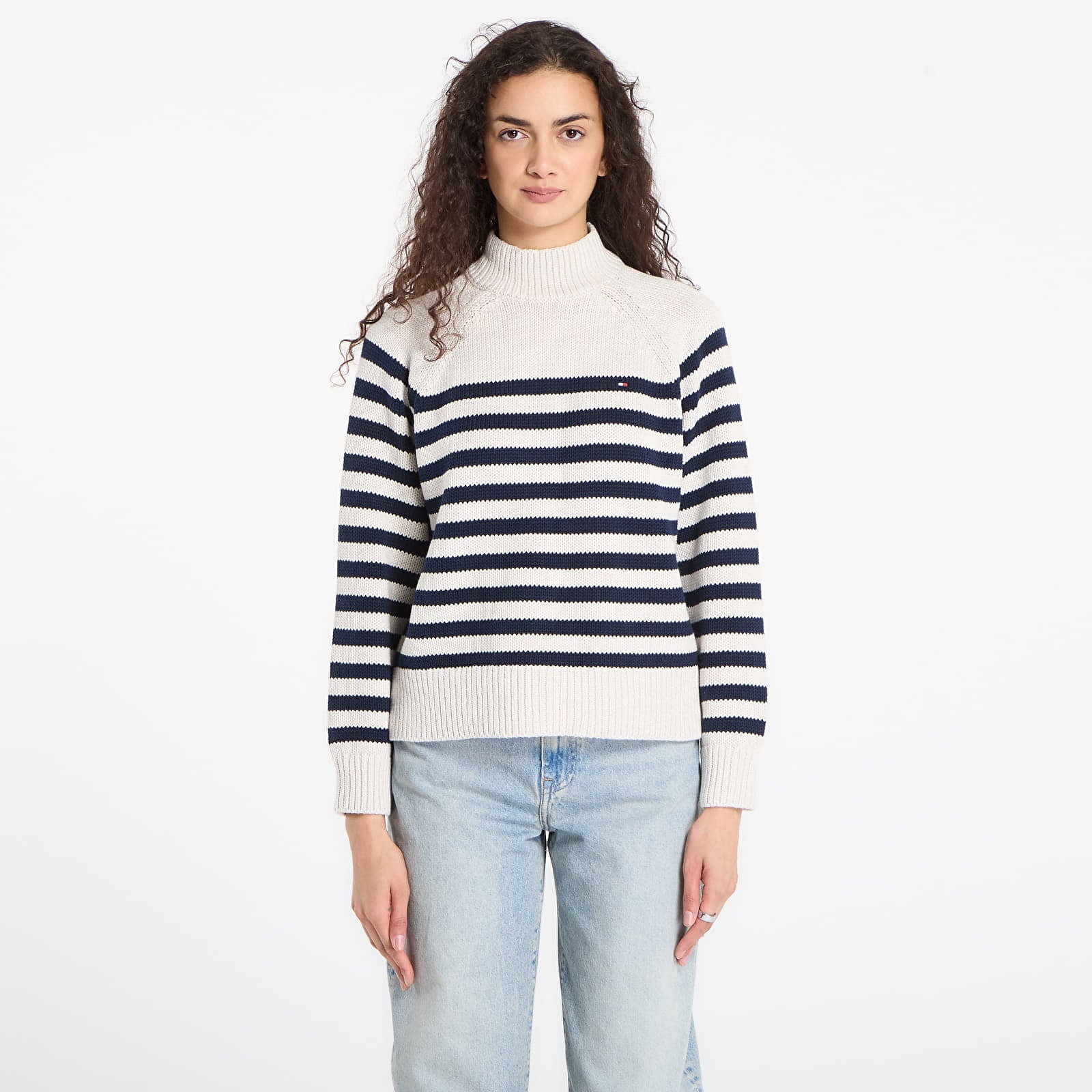 Pulover Tommy Hilfiger Cotton Blend Mock-Neckk Ls Sweater Htr Oatmilk/ Dark Navy Eng Stp L