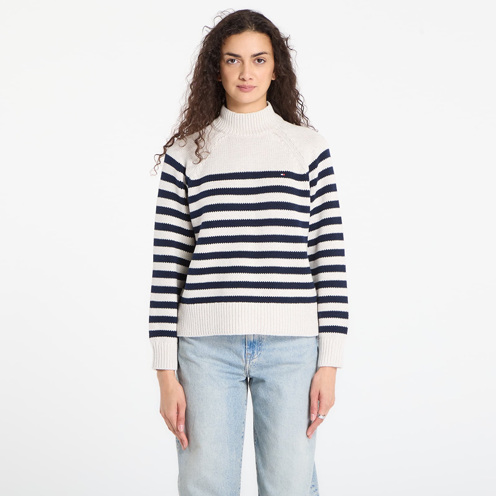 Moteriški megztiniai Tommy Hilfiger Cotton Blend Mock-Neckk Ls Sweater Htr Oatmilk/ Dark Navy Eng Stp