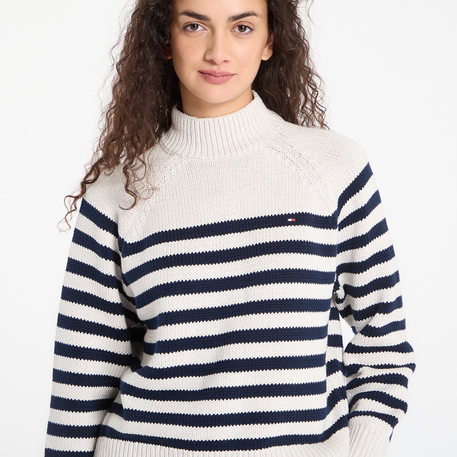 Moteriški megztiniai Tommy Hilfiger Cotton Blend Mock-Neckk Ls Sweater Htr Oatmilk/ Dark Navy Eng Stp