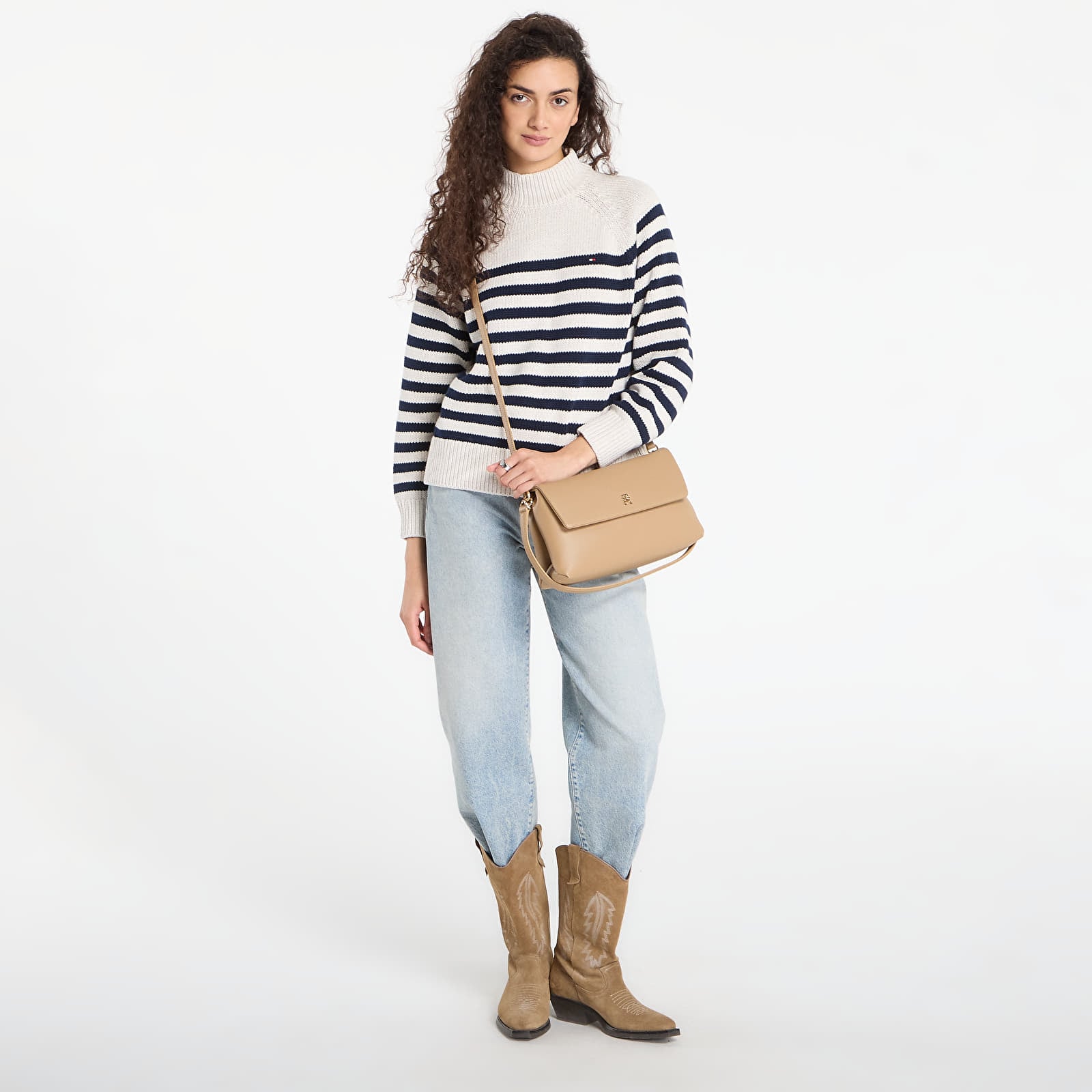 Moteriški megztiniai Tommy Hilfiger Cotton Blend Mock-Neckk Ls Sweater Htr Oatmilk/ Dark Navy Eng Stp