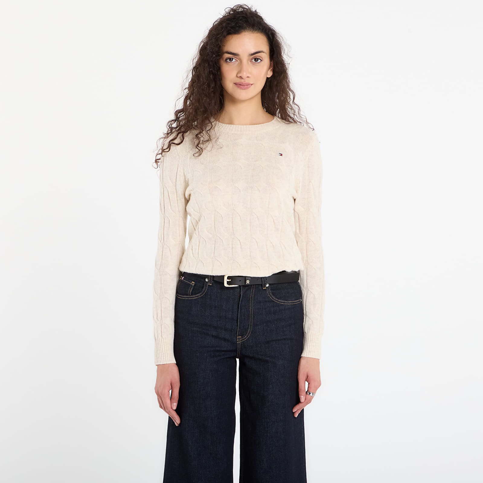 Pullover für Frauen Tommy Hilfiger Soft Wool Cable C-Neckk Ls Sweater Heather Oatmilk