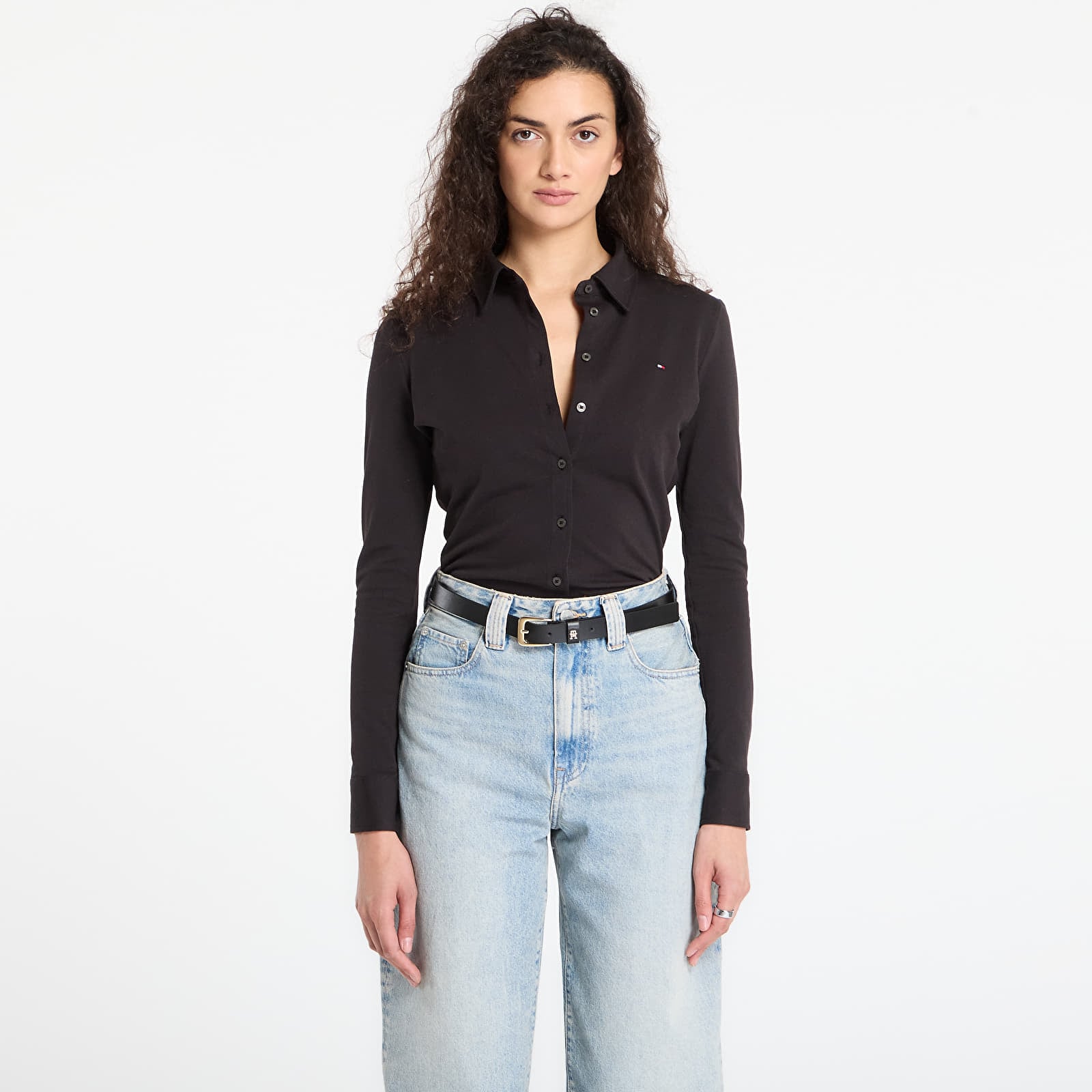 Damen T-Shirts  Tommy Hilfiger 1985 Slim Pique Btn Down Ls Black