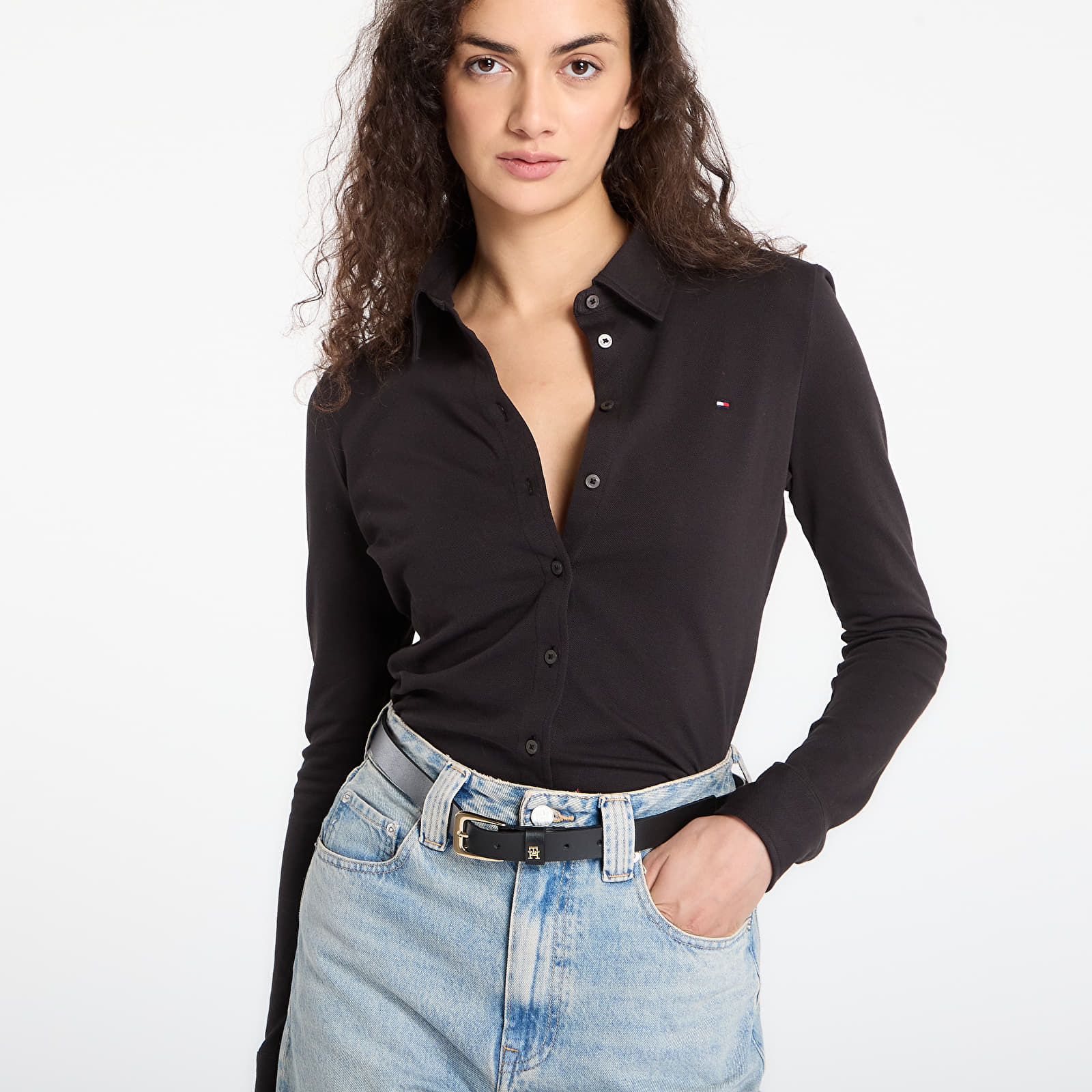 Damen T-Shirts  Tommy Hilfiger 1985 Slim Pique Btn Down Ls Black