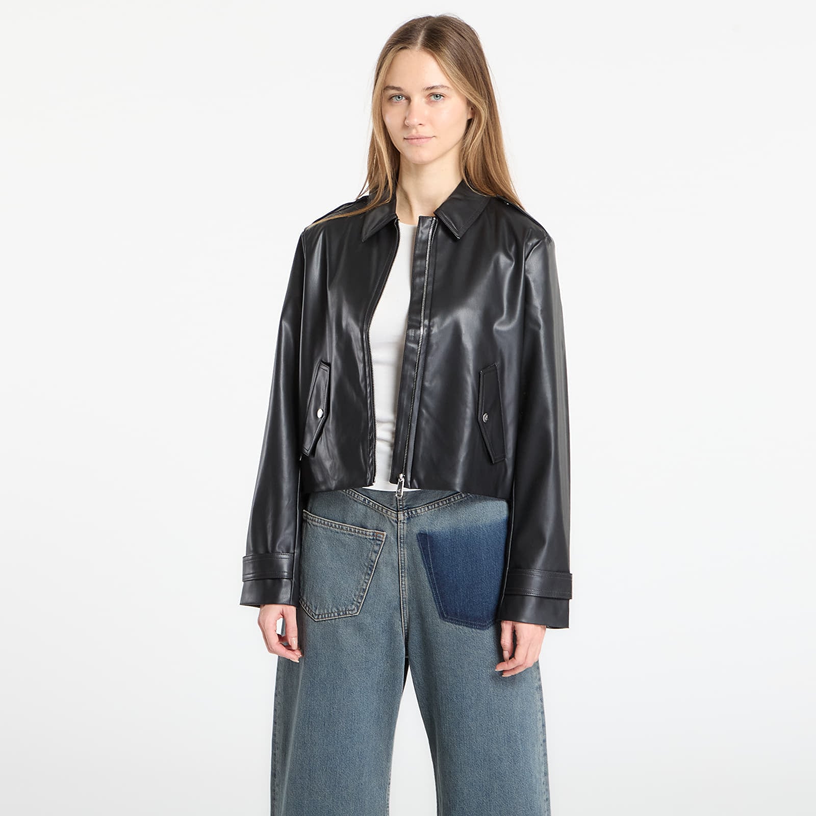 Jachetă Calvin Klein Jeans Leather Moto Jacket Black XS