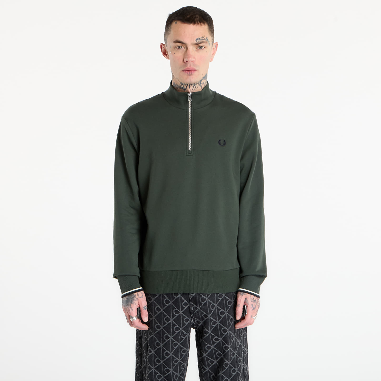 Суитшърт FRED PERRY Half Zip Sweatshirt Court Green/ Snow White/ Navy M