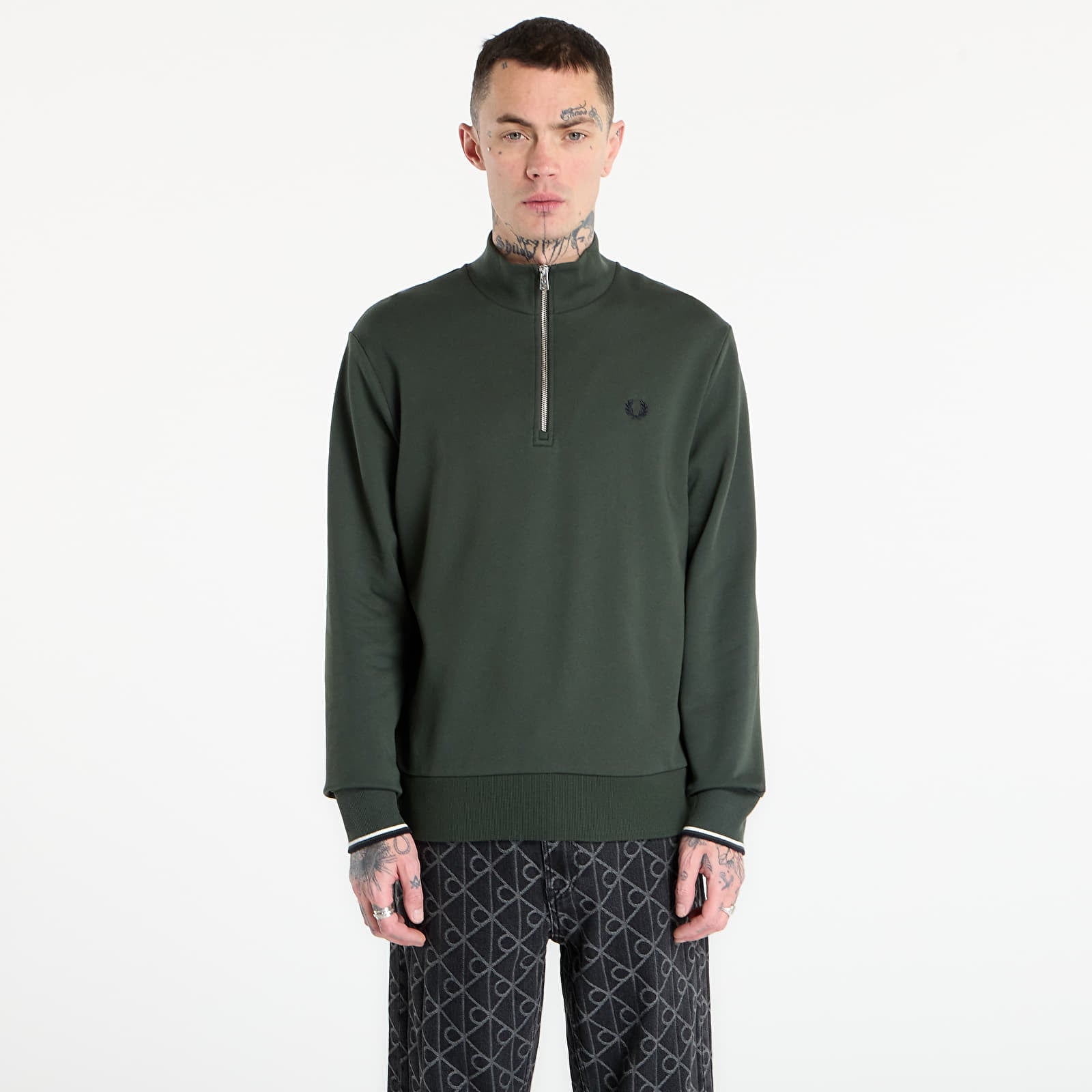 Dukserice FRED PERRY Half Zip Sweatshirt Court Green/ Snow White/ Navy