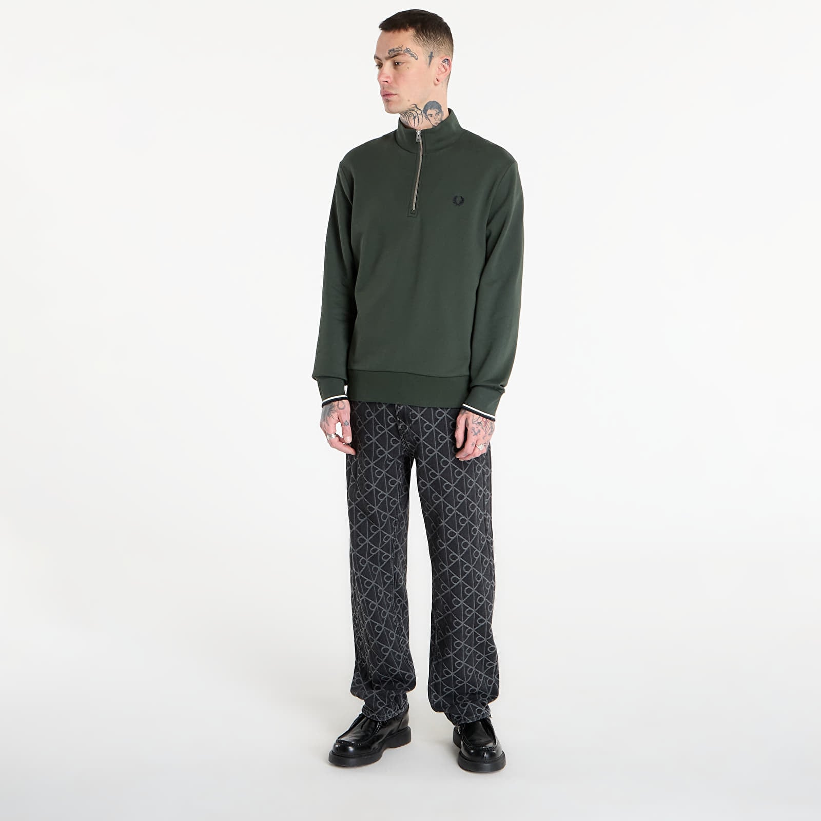 Dukserice FRED PERRY Half Zip Sweatshirt Court Green/ Snow White/ Navy