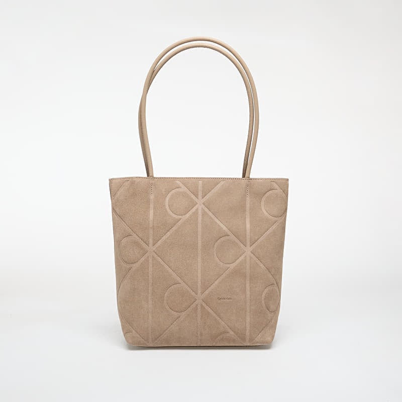 Handbag Calvin Klein Emblem Aop Suede Small Tote Desert Taupe
