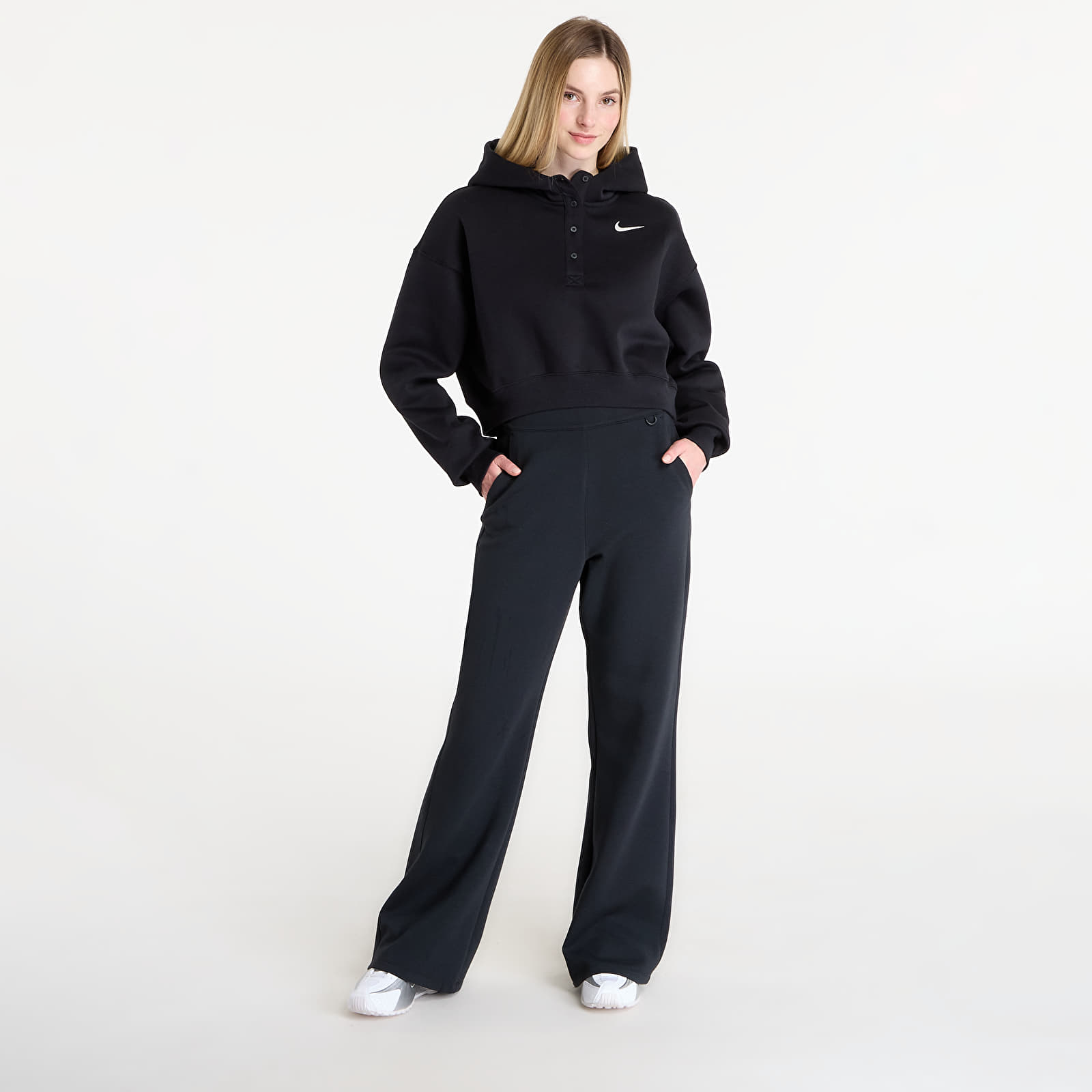 Felpe con cappuccio donna Nike Sportswear Phoenix Fleece Women's Oversized Cropped Henley Hoodie Black/ Sail