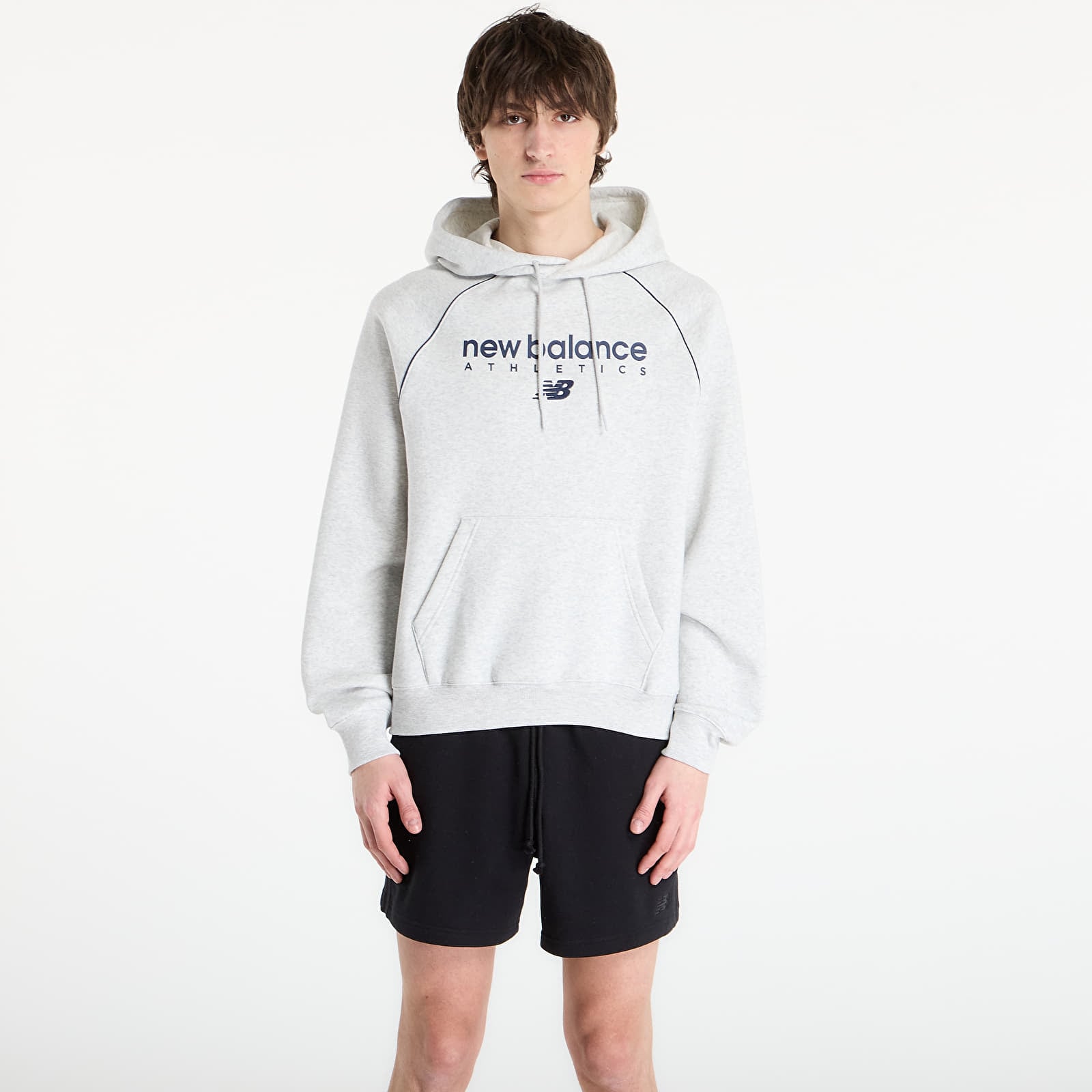 Felpe con cappuccio uomo New Balance Linear Graphic Fleece Hoodie Ash Heather