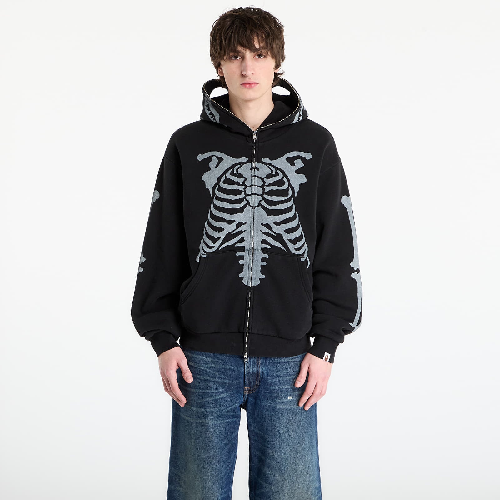 Sweatshirt A BATHING APE Skeleton Shark Heavy Washed Cropped Fit Full Zip Hoodie M Black S