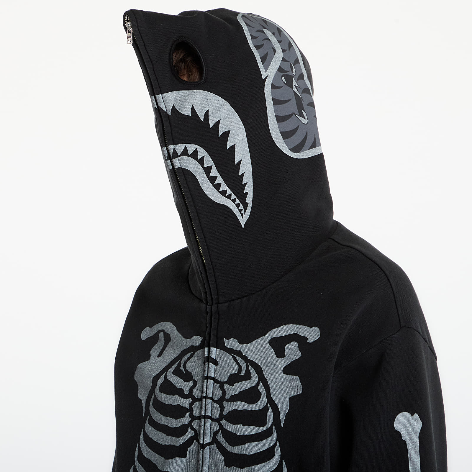 Felpe A BATHING APE Skeleton Shark Heavy Washed Cropped Fit Full Zip Hoodie M Black