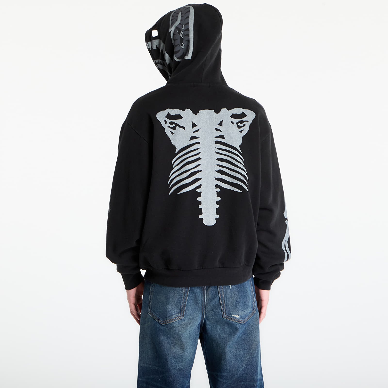 Felpe A BATHING APE Skeleton Shark Heavy Washed Cropped Fit Full Zip Hoodie M Black