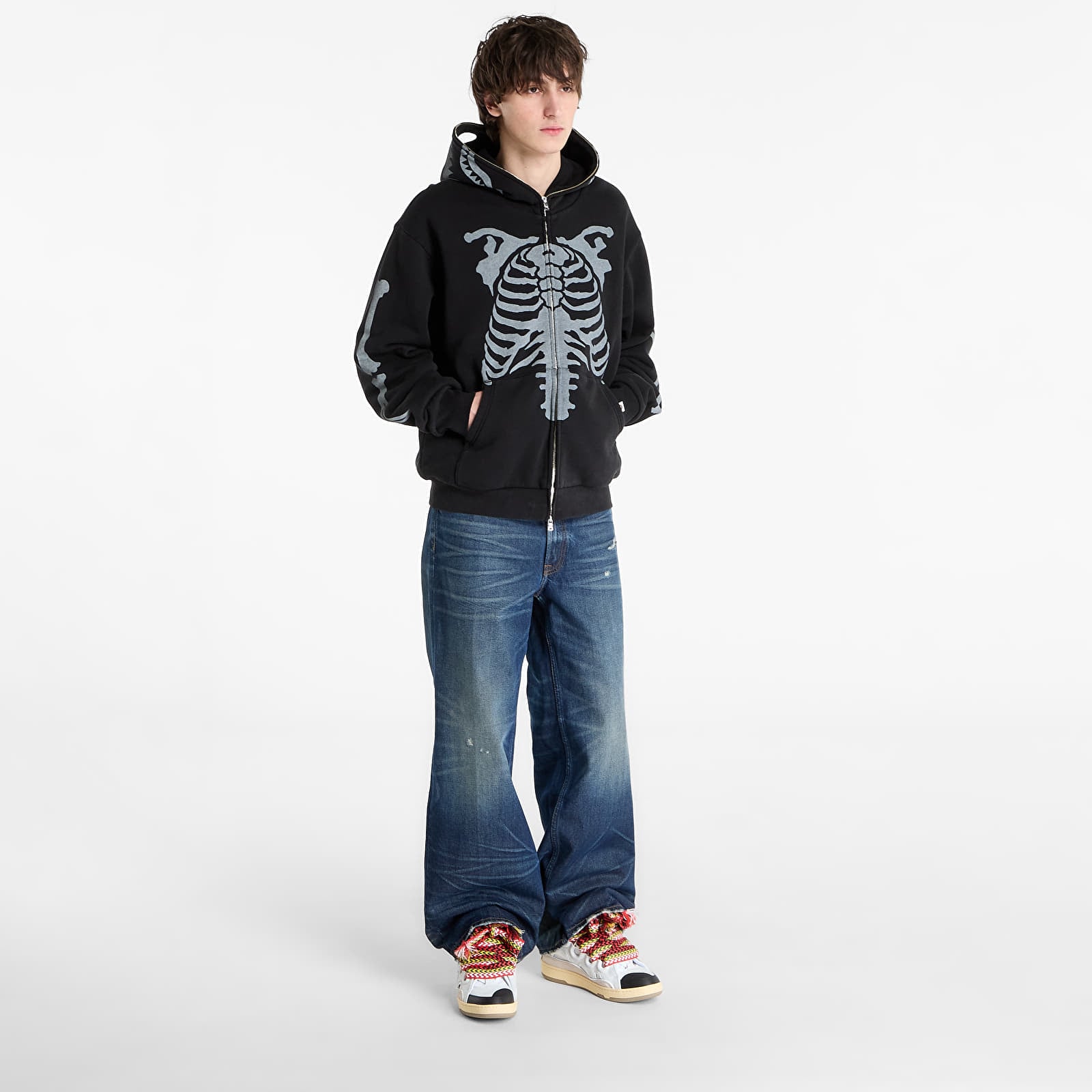 Felpe A BATHING APE Skeleton Shark Heavy Washed Cropped Fit Full Zip Hoodie M Black