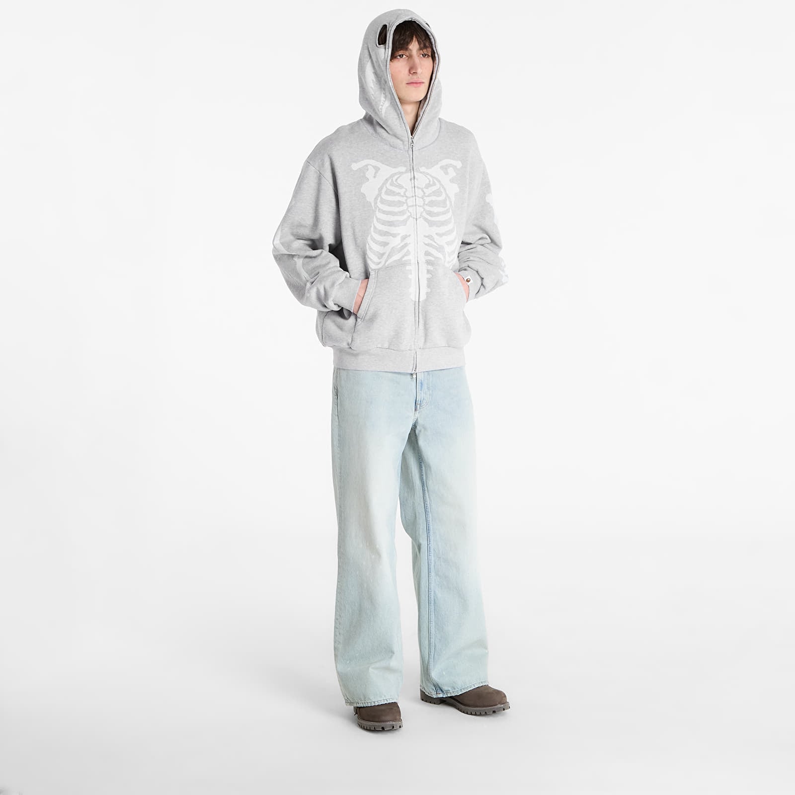 Felpe A BATHING APE Skeleton Shark Heavy Washed Cropped Fit Full Zip Hoodie M Gray