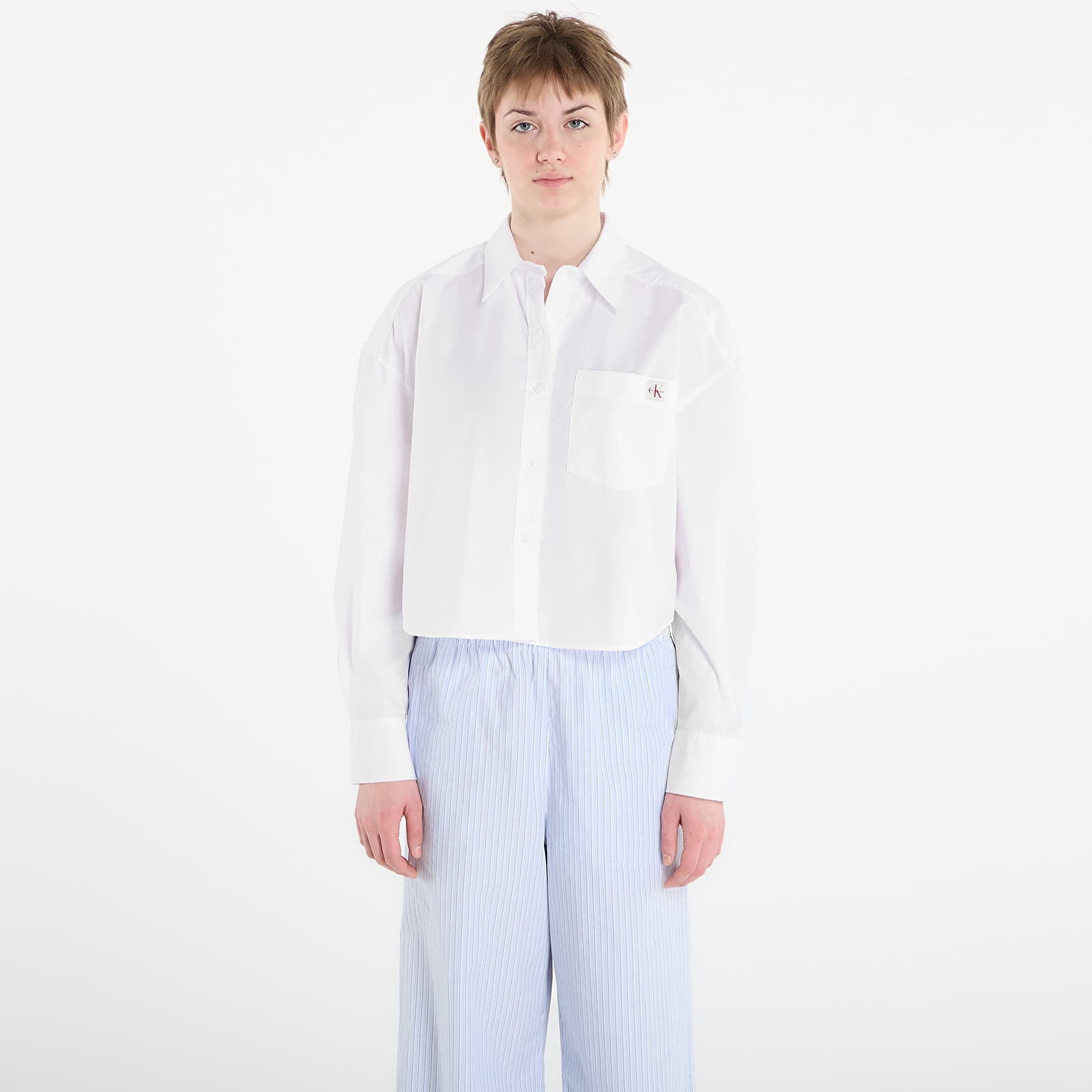 Cămașă Calvin Klein Jeans Cotton Poplin Cropped Shirt White S