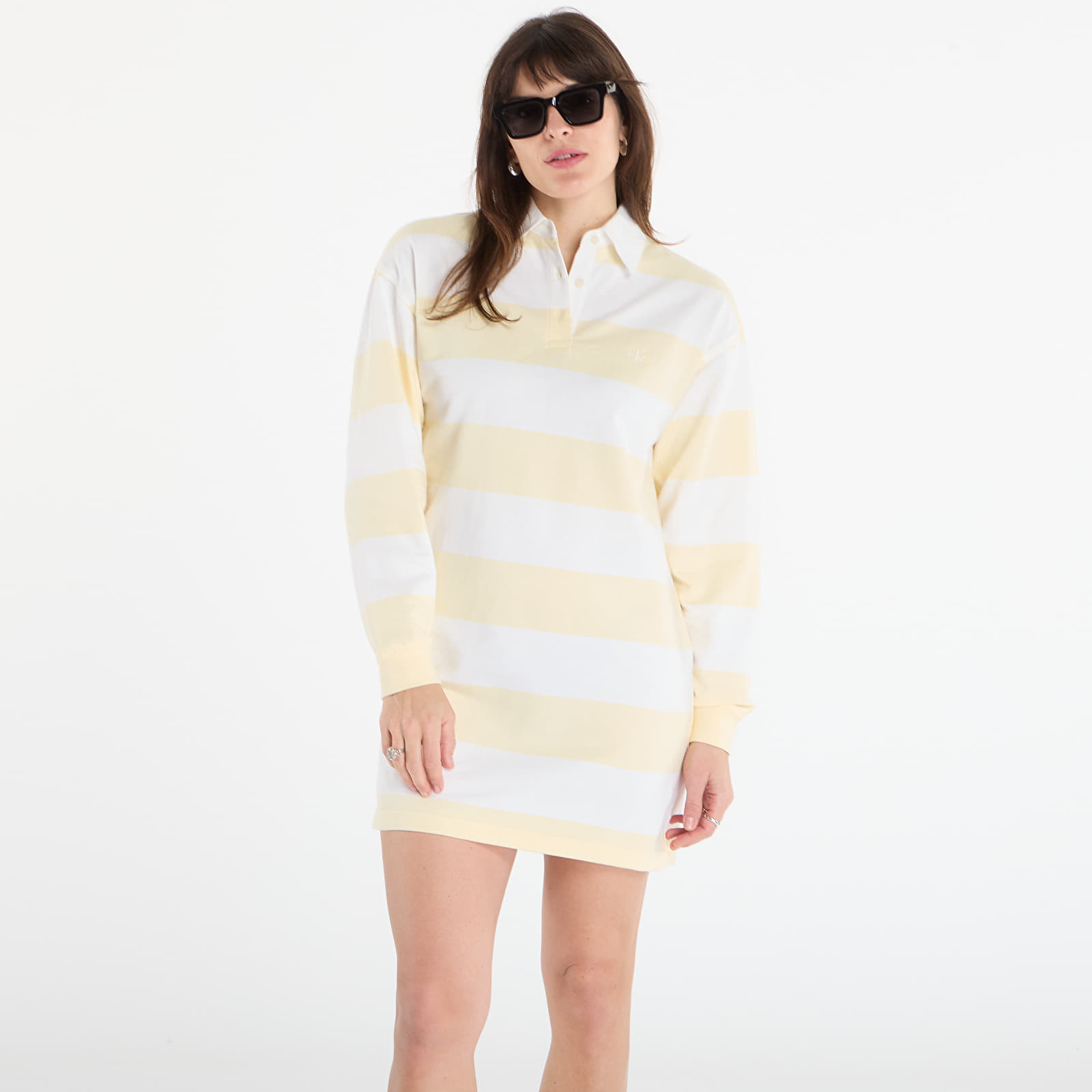Dámske šaty Calvin Klein Jeans Ls Varsity Stripe Mini Polo Dres Snow White Stripe