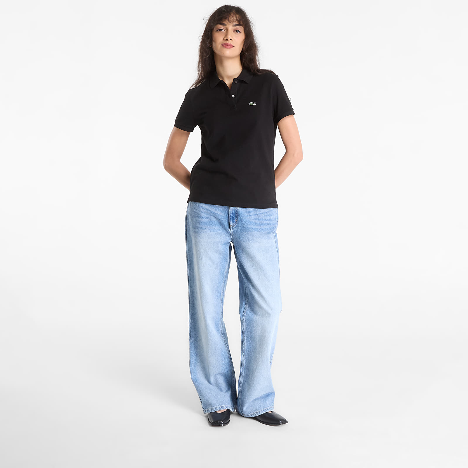 Women's T-shirts LACOSTE Short Sleeved Ribbed Collar Shirt Black