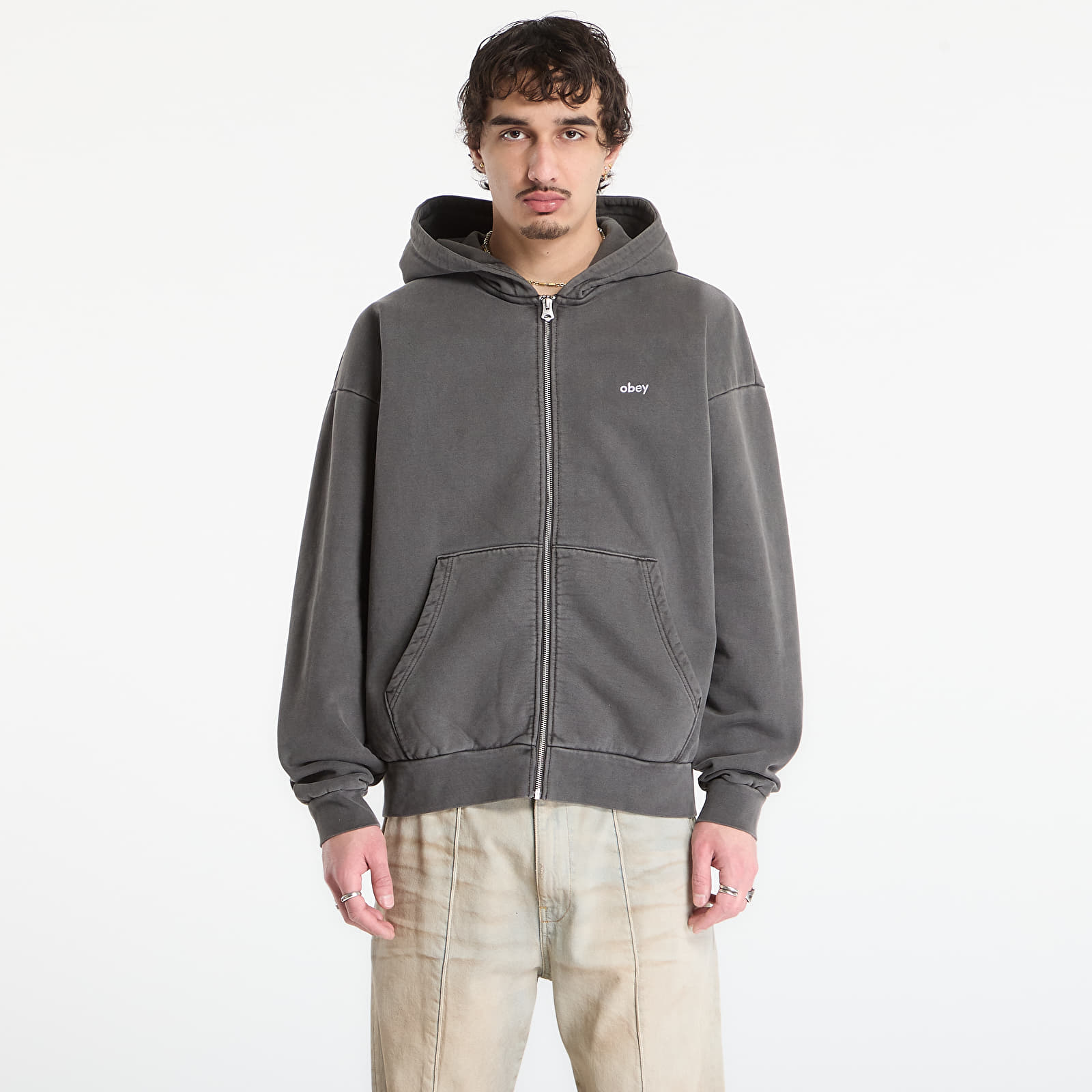 Dukserice OBEY Lowercase Pigment Zip Hood Pigment Digital Black