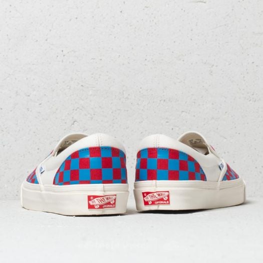 Red and blue checkerboard slip on vans best sale