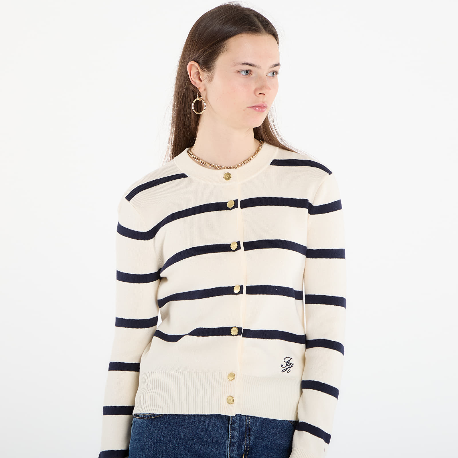 Tröjor för kvinnor Tommy Hilfiger Co Full Needle Crewneck Cardigan Big Stp Calico/ Dark Navy