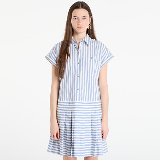 Oblečenie Tommy Hilfiger Poplin Pleated Short Ss Dress White Banker Stp Ecru Brisk Blue