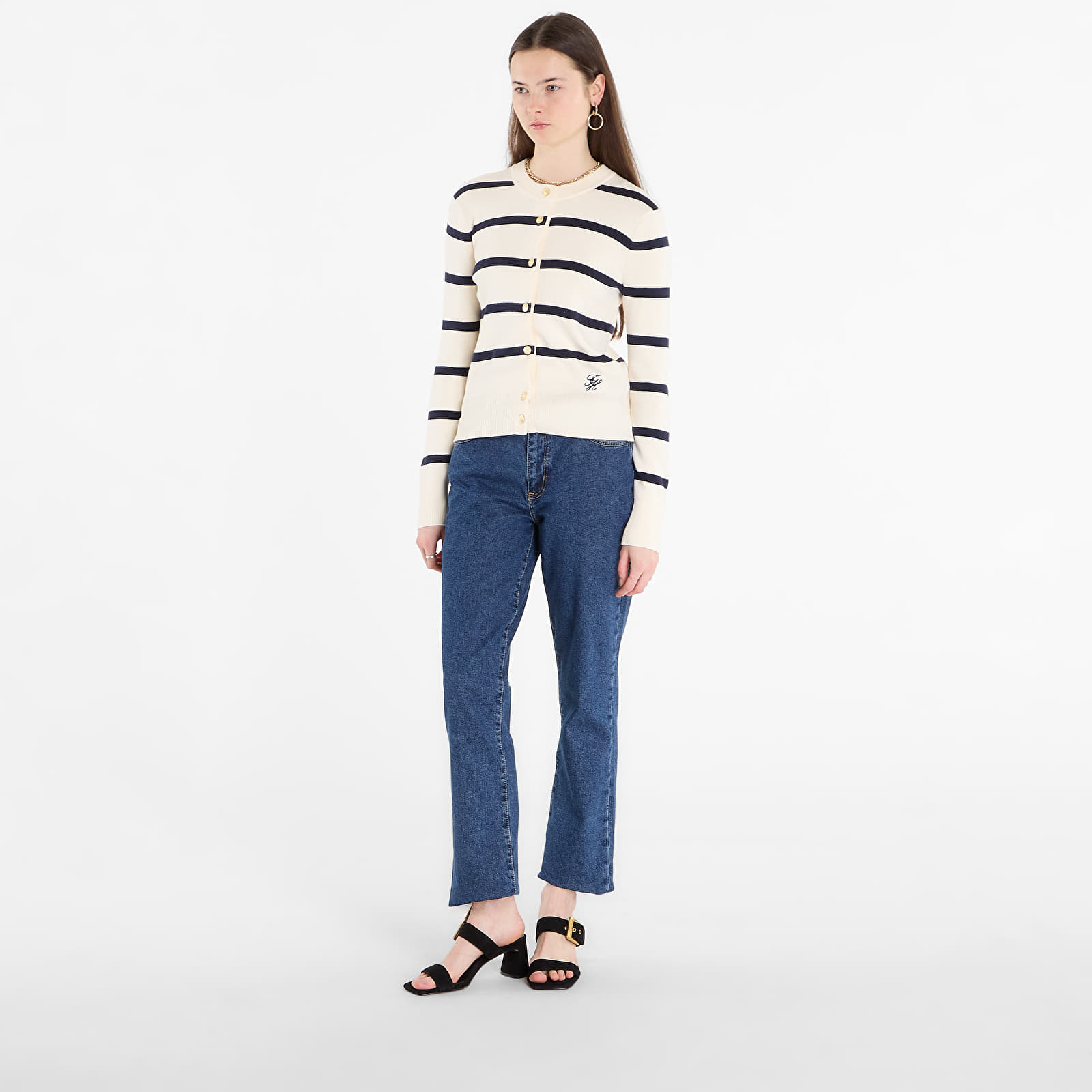 Tröjor för kvinnor Tommy Hilfiger Co Full Needle Crewneck Cardigan Big Stp Calico/ Dark Navy