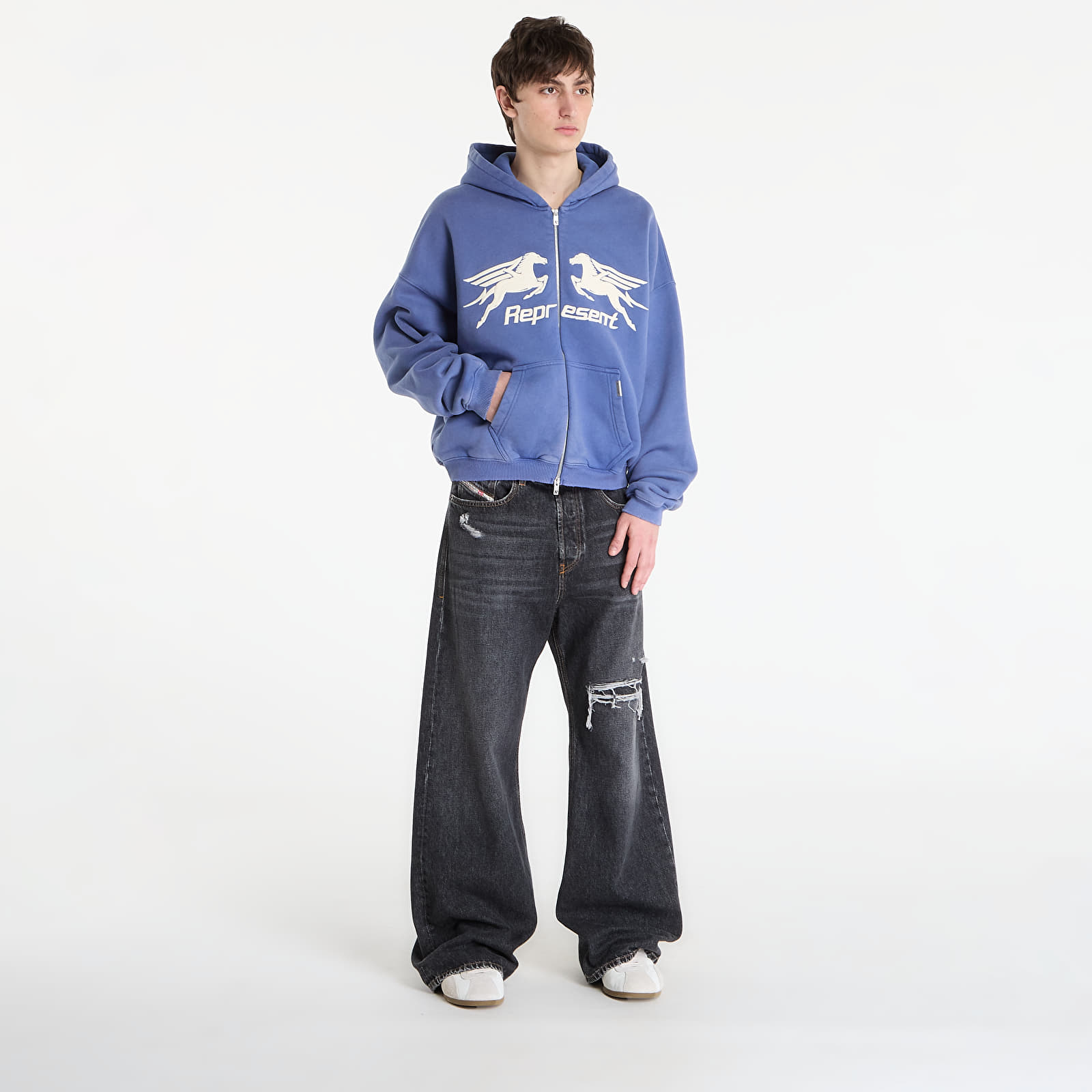 Moški hoodiji  REPRESENT Pegasus Zip Through Hoodie UNISEX Indigo
