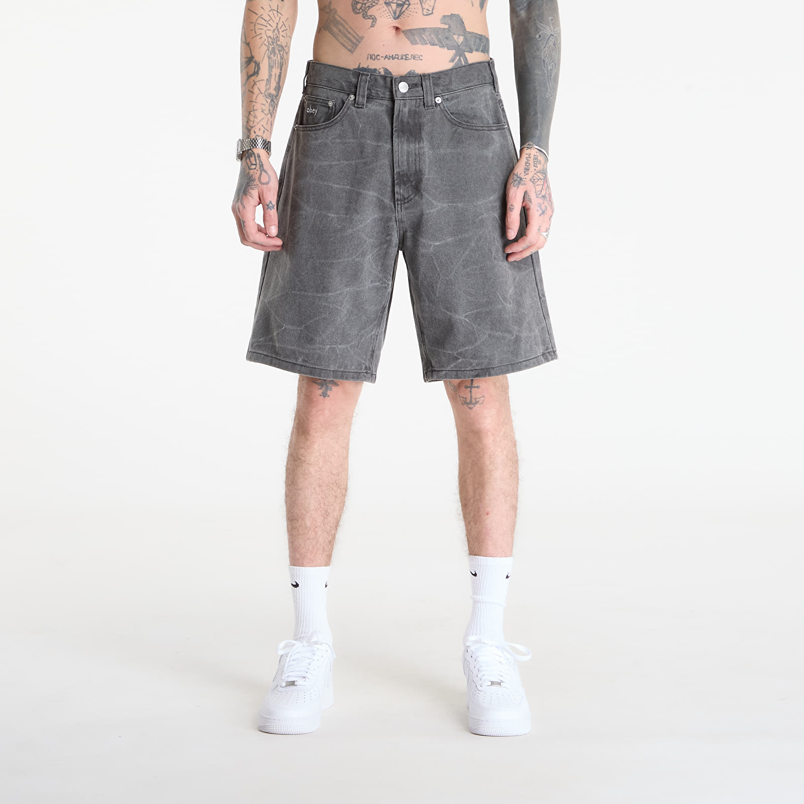 Miesten shortsit OBEY Bigwig Baggy Denim Short Black Wrinkle Wash