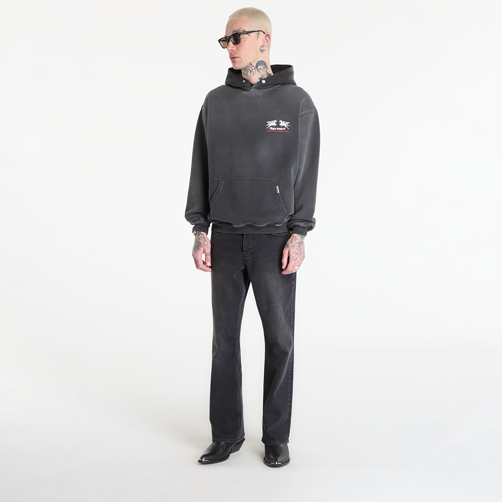 Pánské mikiny REPRESENT 24 Hour Service Hoodie UNISEX Stained Black