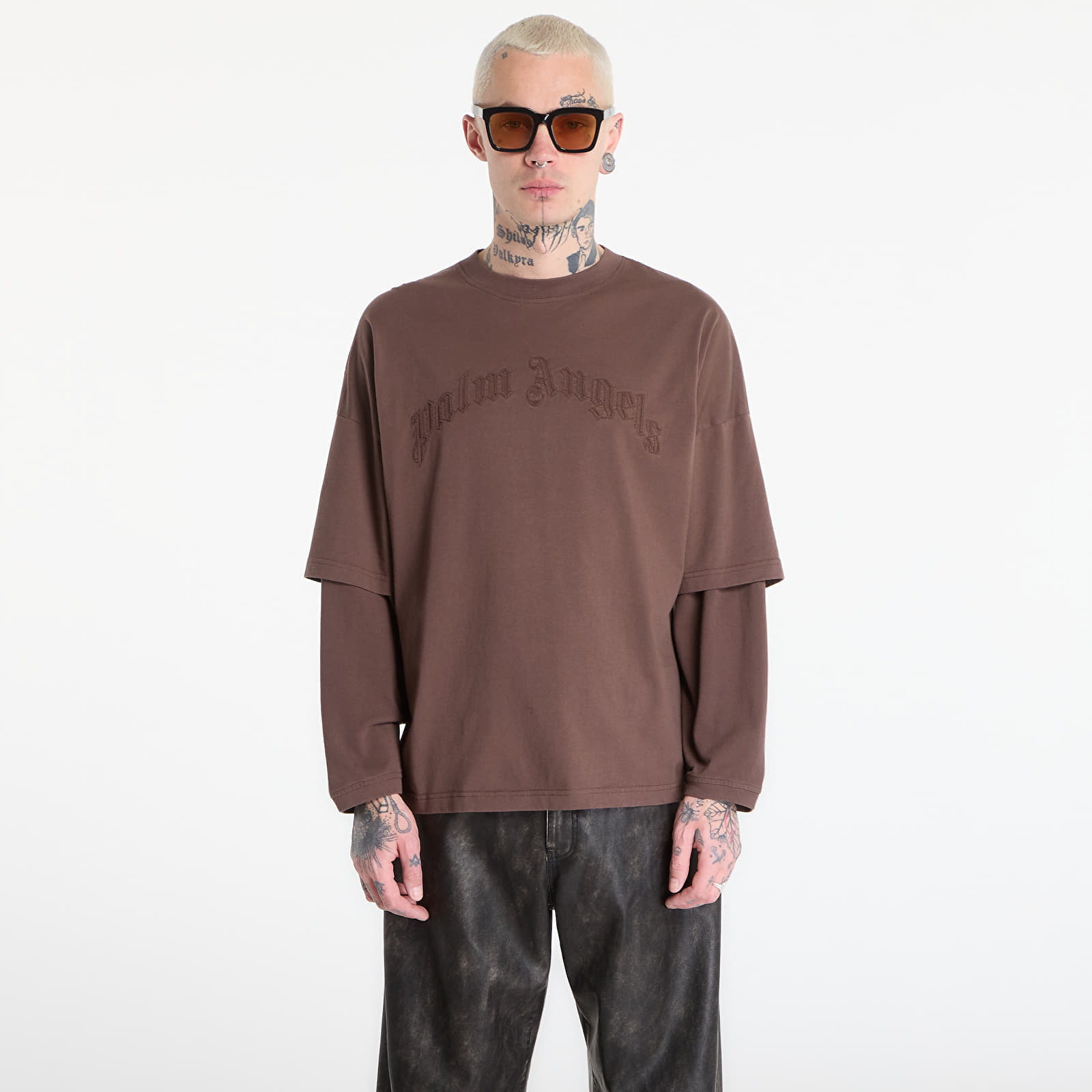 Тениска Palm Angels Curved Logo Double Tee L/S UNISEX Brown/ Brown M
