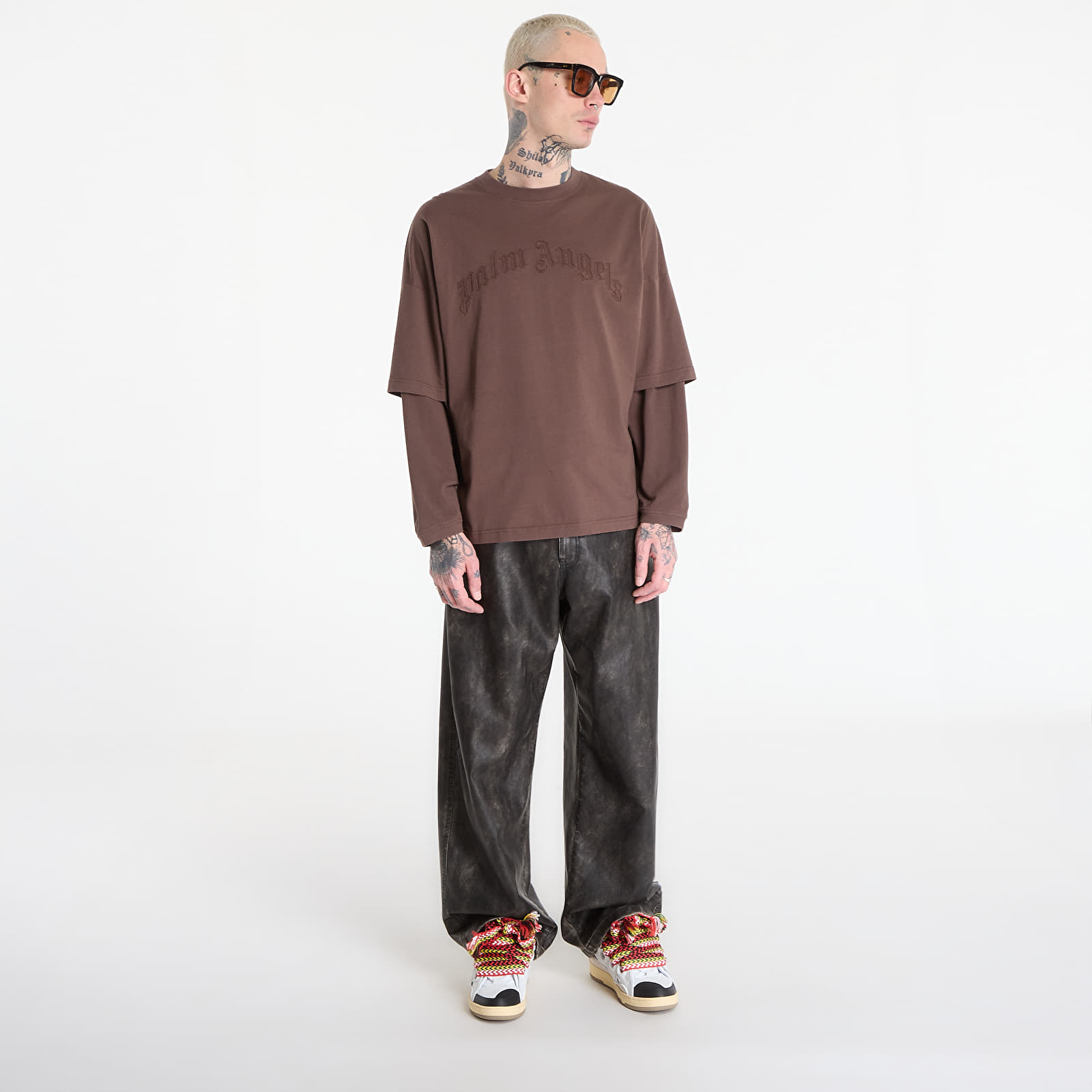 T-Shirts Palm Angels Curved Logo Double Tee L/S UNISEX Brown/ Brown