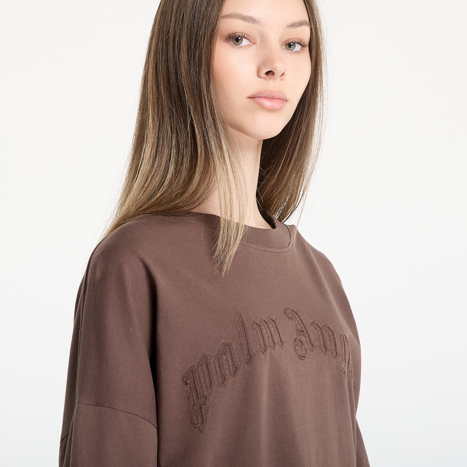 T-Shirts Palm Angels Curved Logo Double Tee L/S UNISEX Brown/ Brown