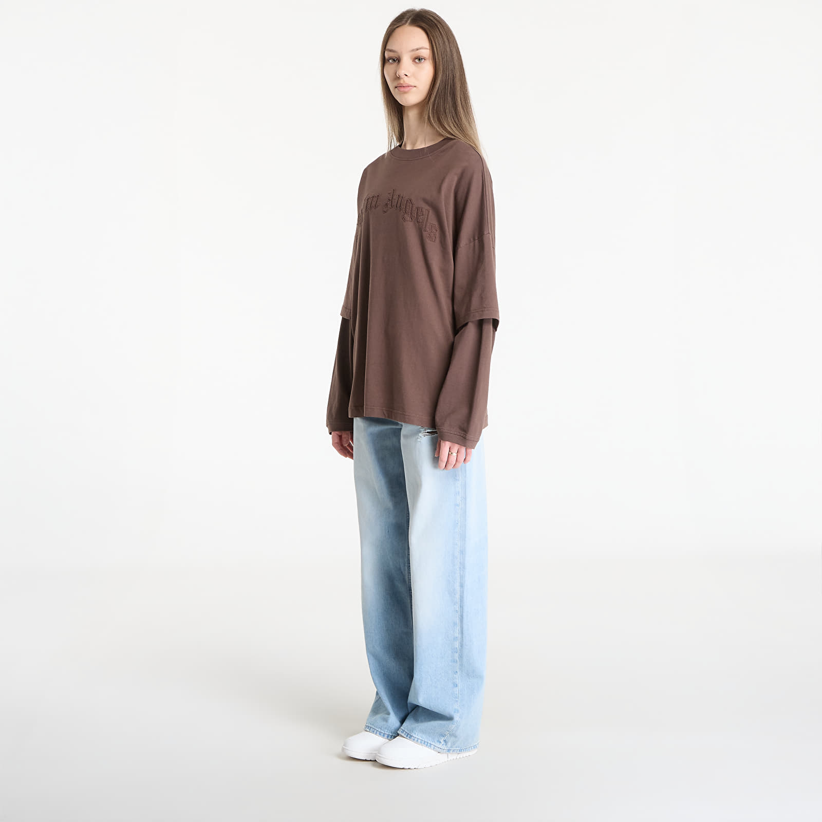 T-Shirts Palm Angels Curved Logo Double Tee L/S UNISEX Brown/ Brown