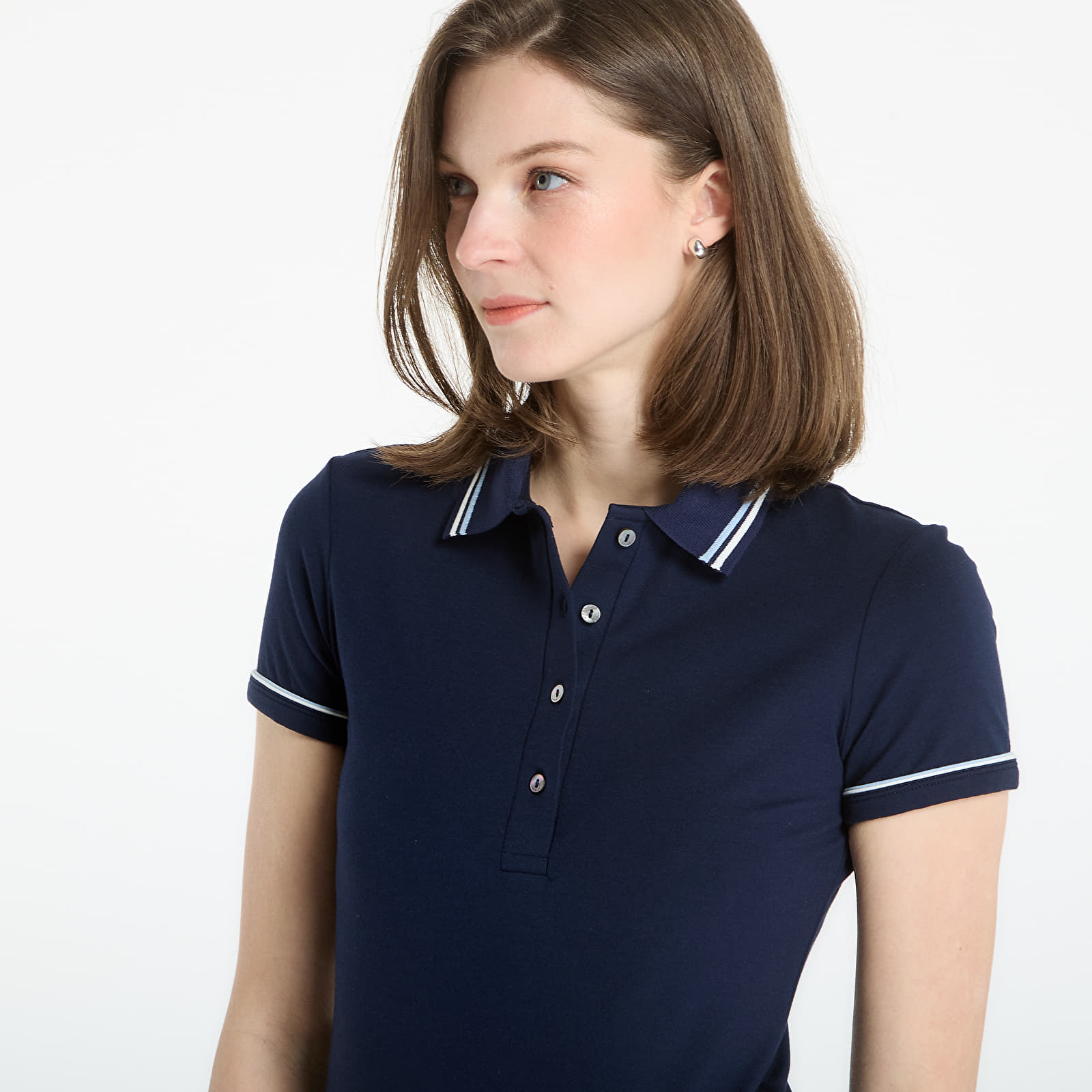 Γυναικεία μπλουζάκια LACOSTE Ribbed Collar Shirt Navy Blue/ Chambray-Flour