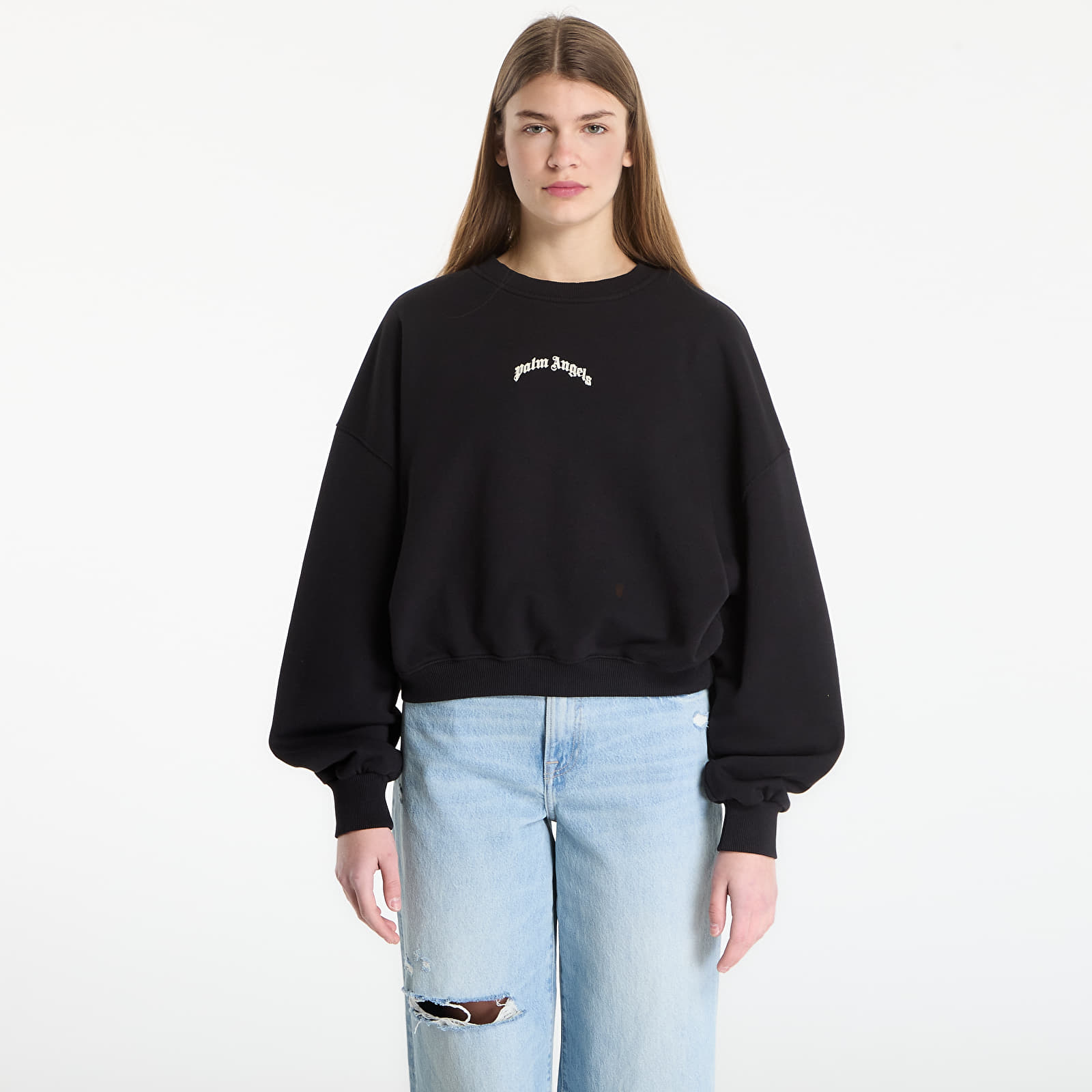 Hettegensere for kvinner Palm Angels Curved Logo Loose Crop Crew Black/ Tofu