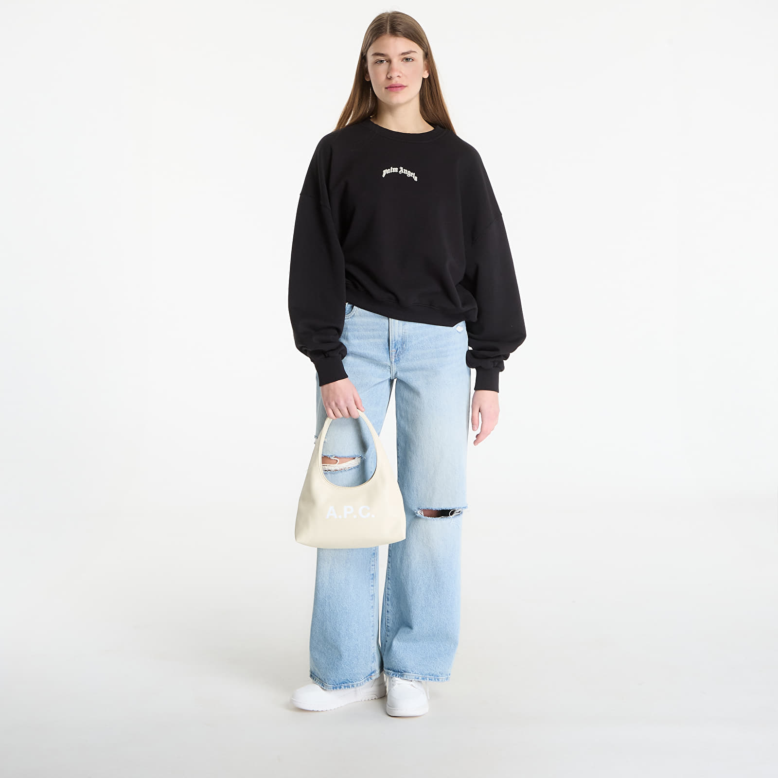 Hettegensere for kvinner Palm Angels Curved Logo Loose Crop Crew Black/ Tofu
