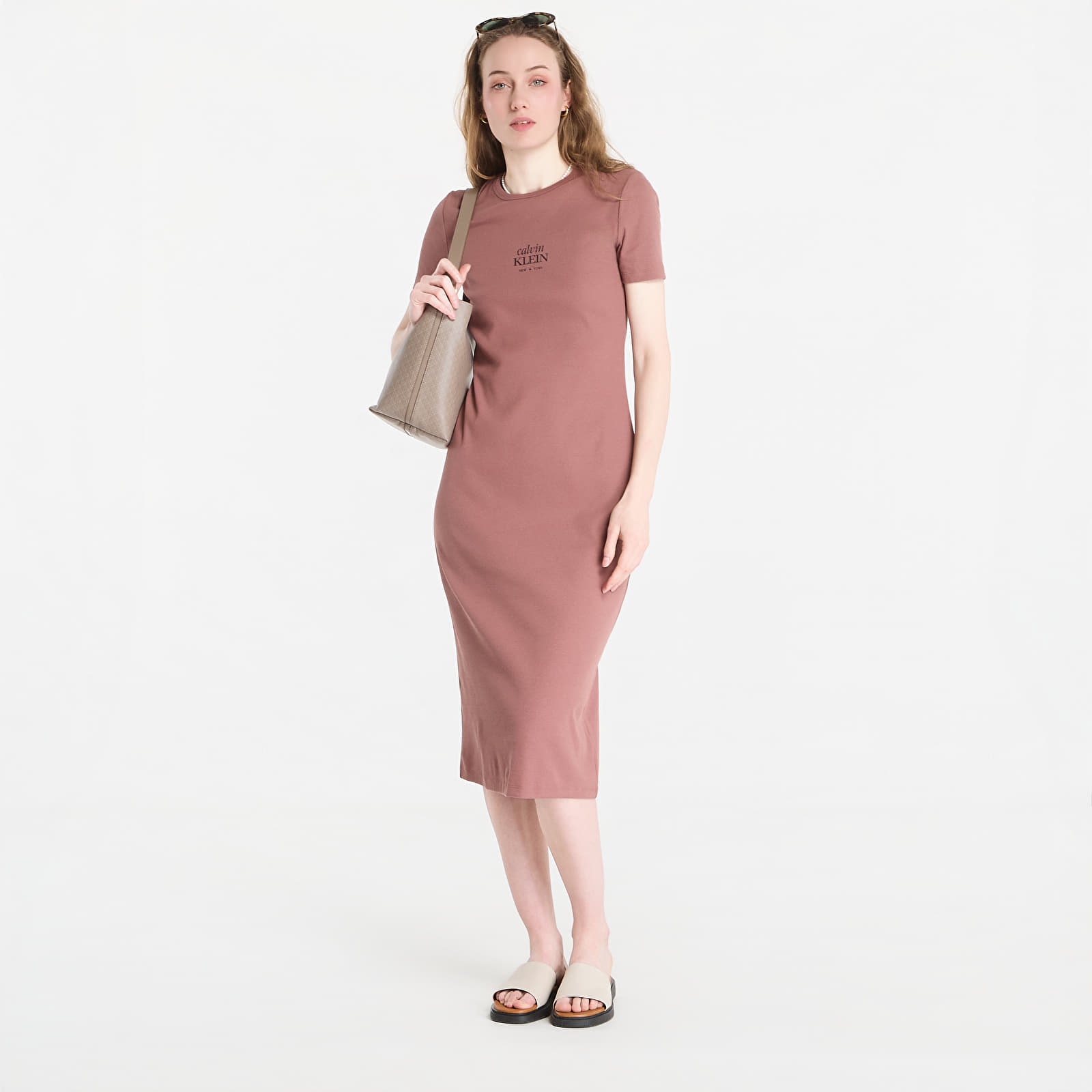 Sieviešu kleitas Calvin Klein Jeans Ss 2X2 Baby Rib Logo Midi Dress Sierra Brown