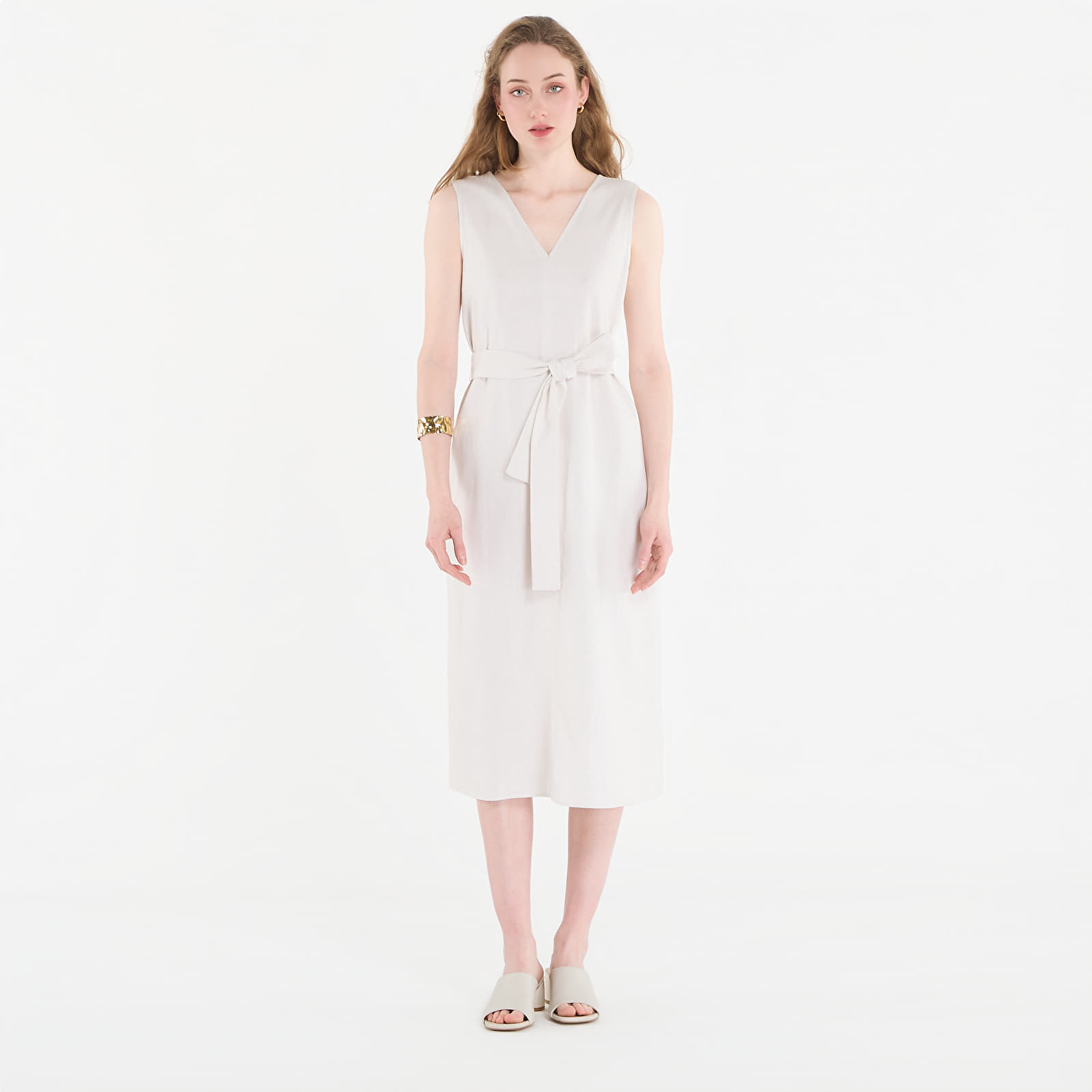 Levně Šaty Calvin Klein Linen V Neck Sleeveless Dress White Sand L