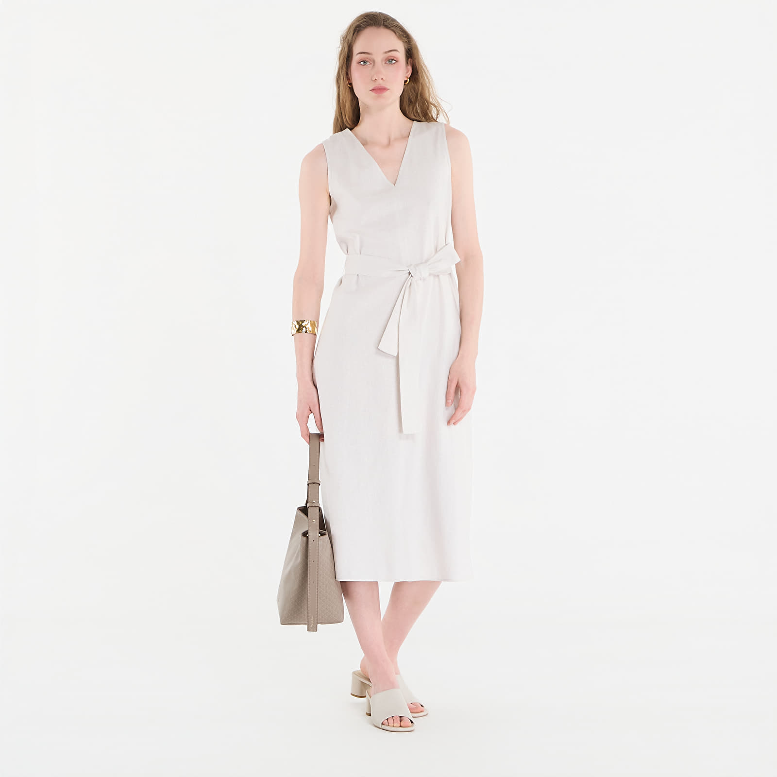 Sieviešu kleitas Calvin Klein Linen V Neck Sleeveless Dress White Sand