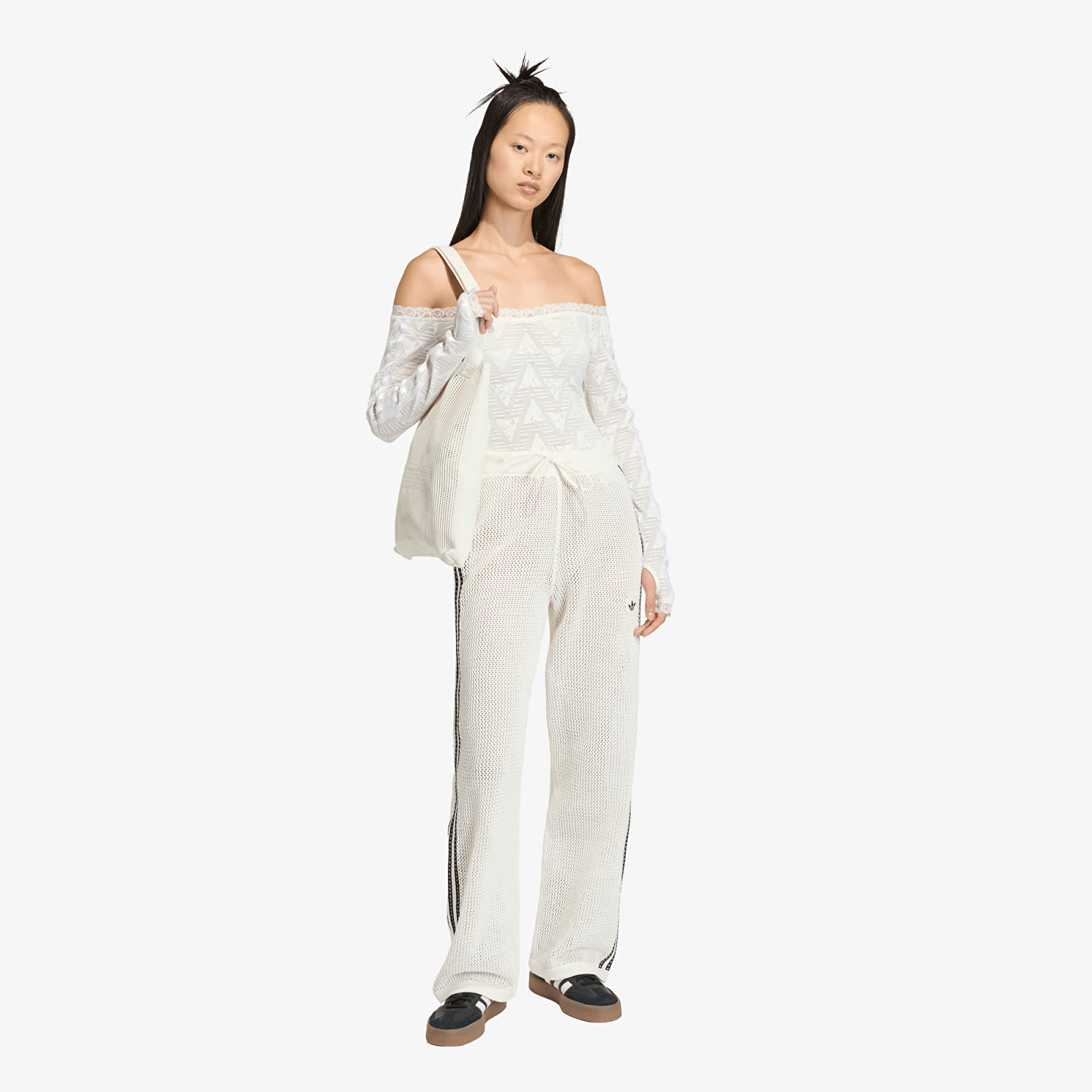 Naisten housut adidas Knitted Crochet Firebird Track Pants Off White