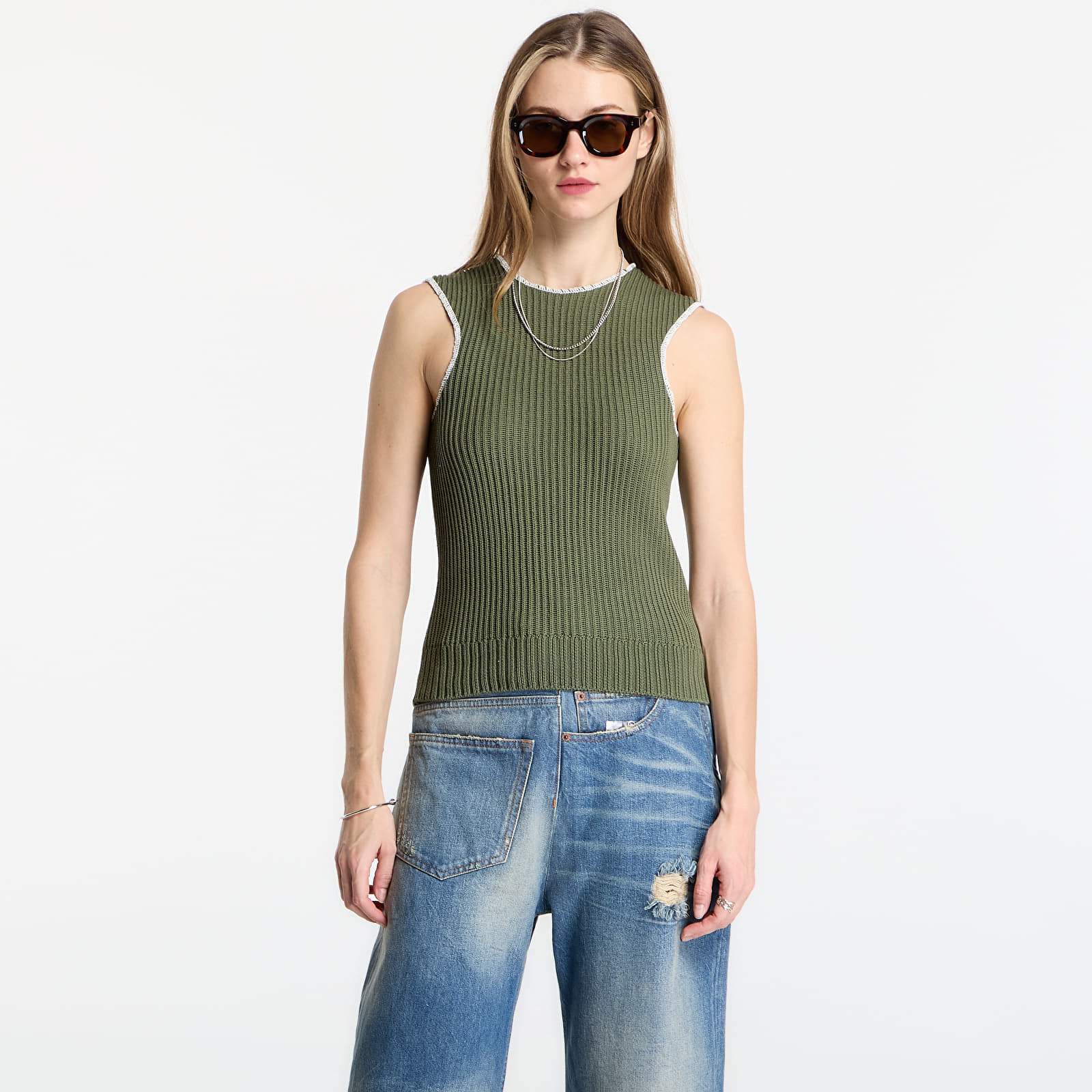 Tank Tops MM6 Ribbed Knit Sleeveless Top Khaki