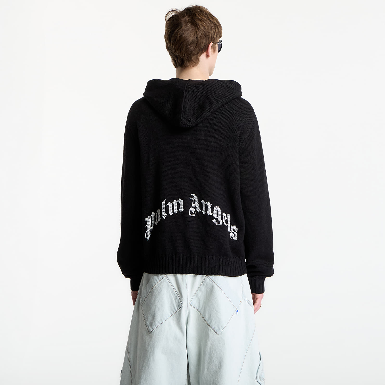 Hettegensere for menn Palm Angels Curved Logo Knit Hoodie UNISEX Black/ Off White