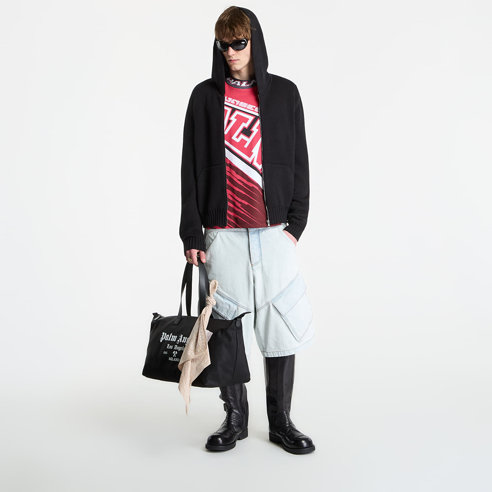 Hettegensere for menn Palm Angels Curved Logo Knit Hoodie UNISEX Black/ Off White