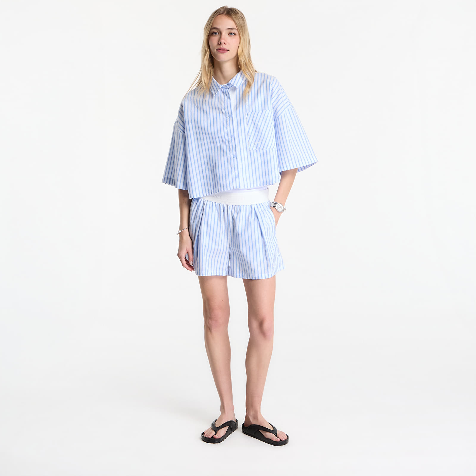 Рубашки Nike Sportswear Chill Poplin Women's Oversized Short-Sleeve Top Lt Photo Blue/ Hydrogen Blue/ Summit White